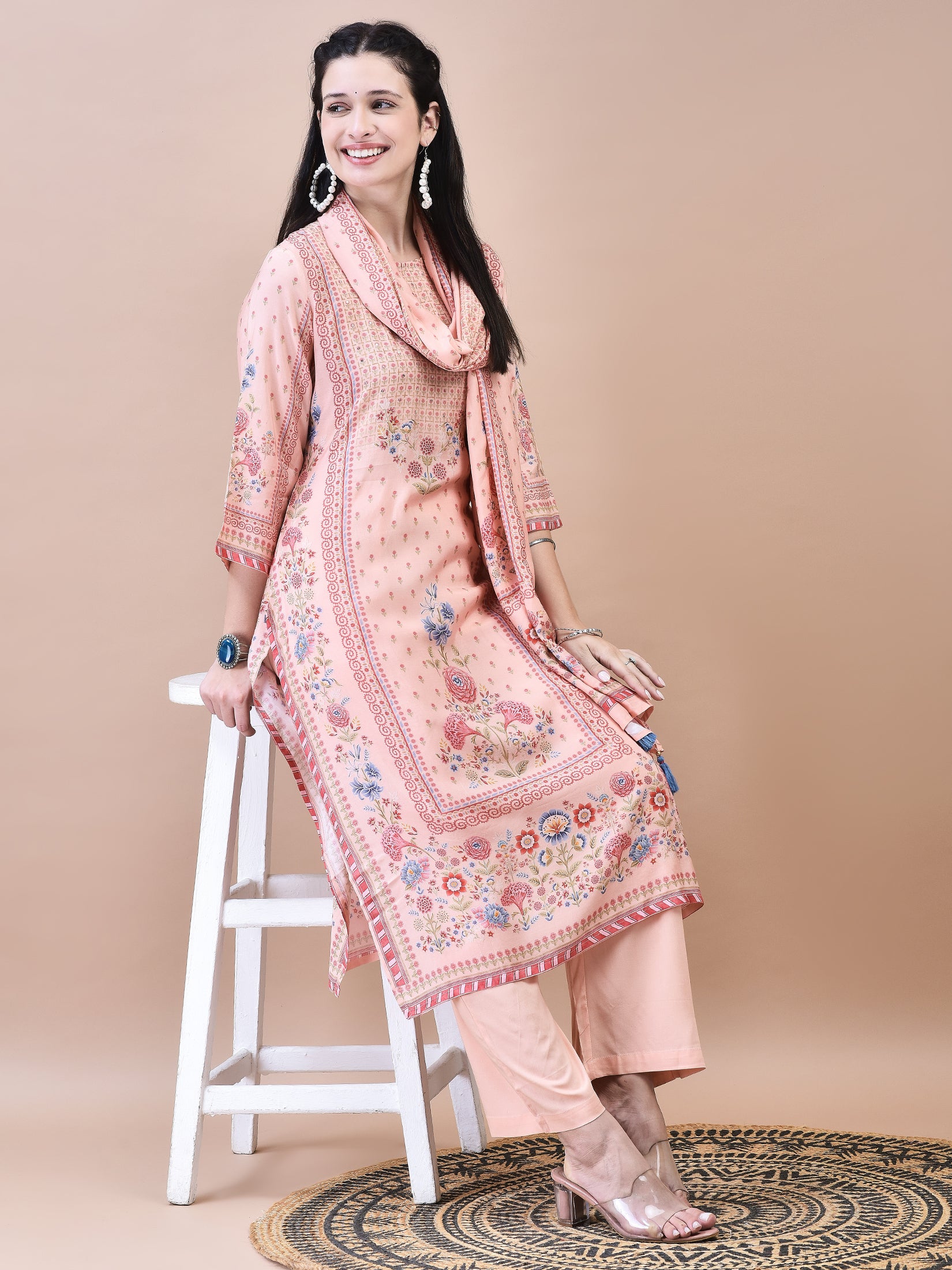 Women Muslin Peach Floral Print Kurta Comfort Pant Dupatta