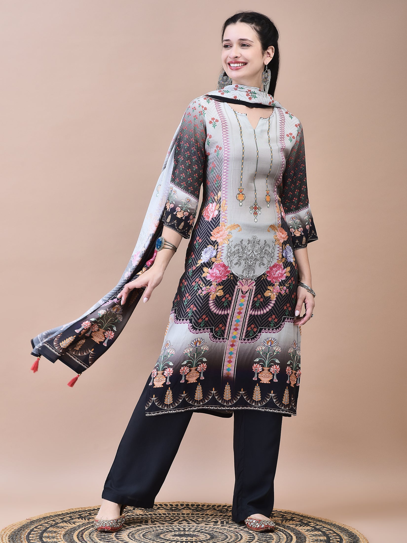 Women Muslin Grey Floral Print Kurta Comfort Pant Dupatta