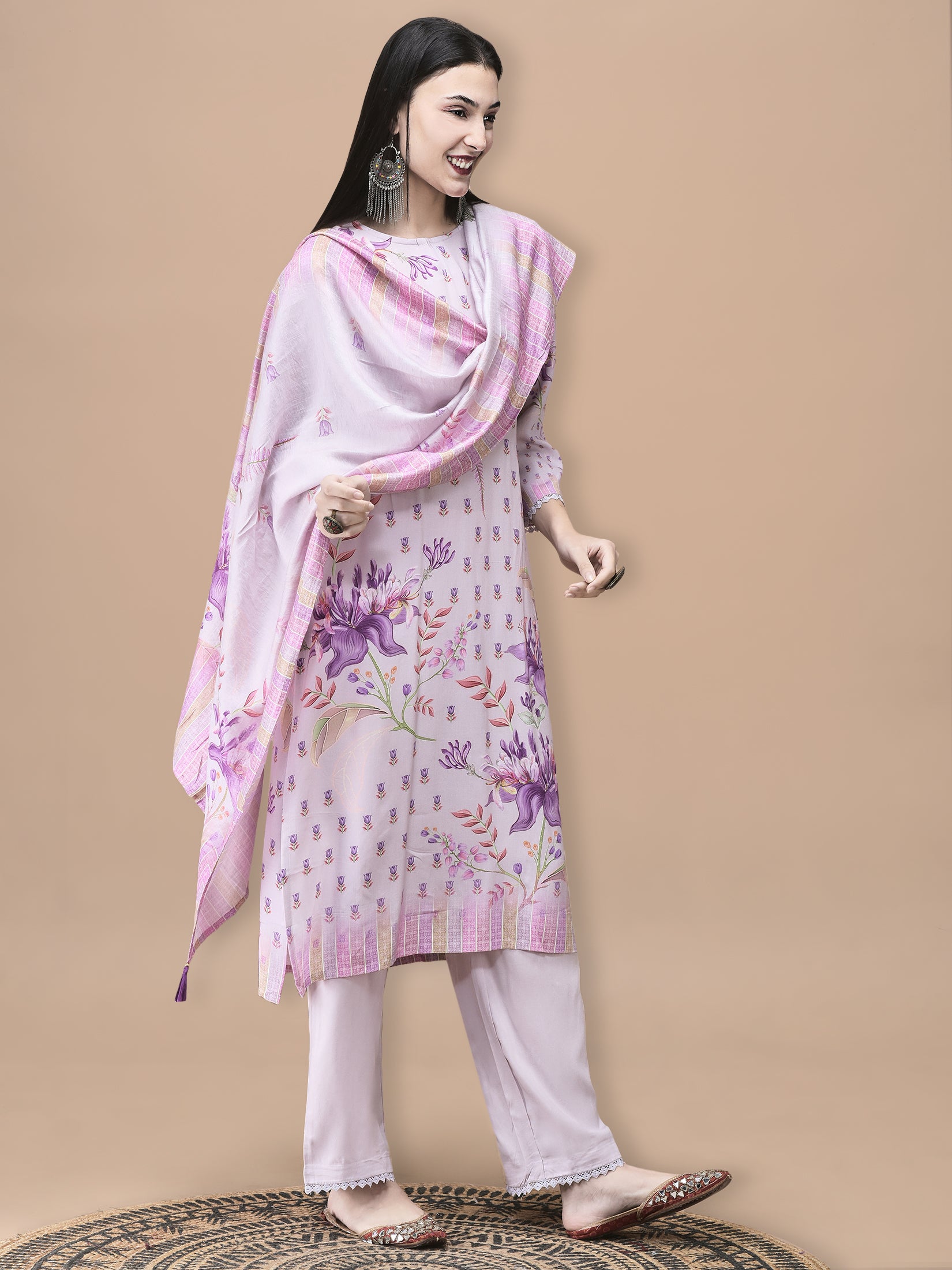 Women Liva Lilac Floral Print Kurta Comfort Pant Dupatta