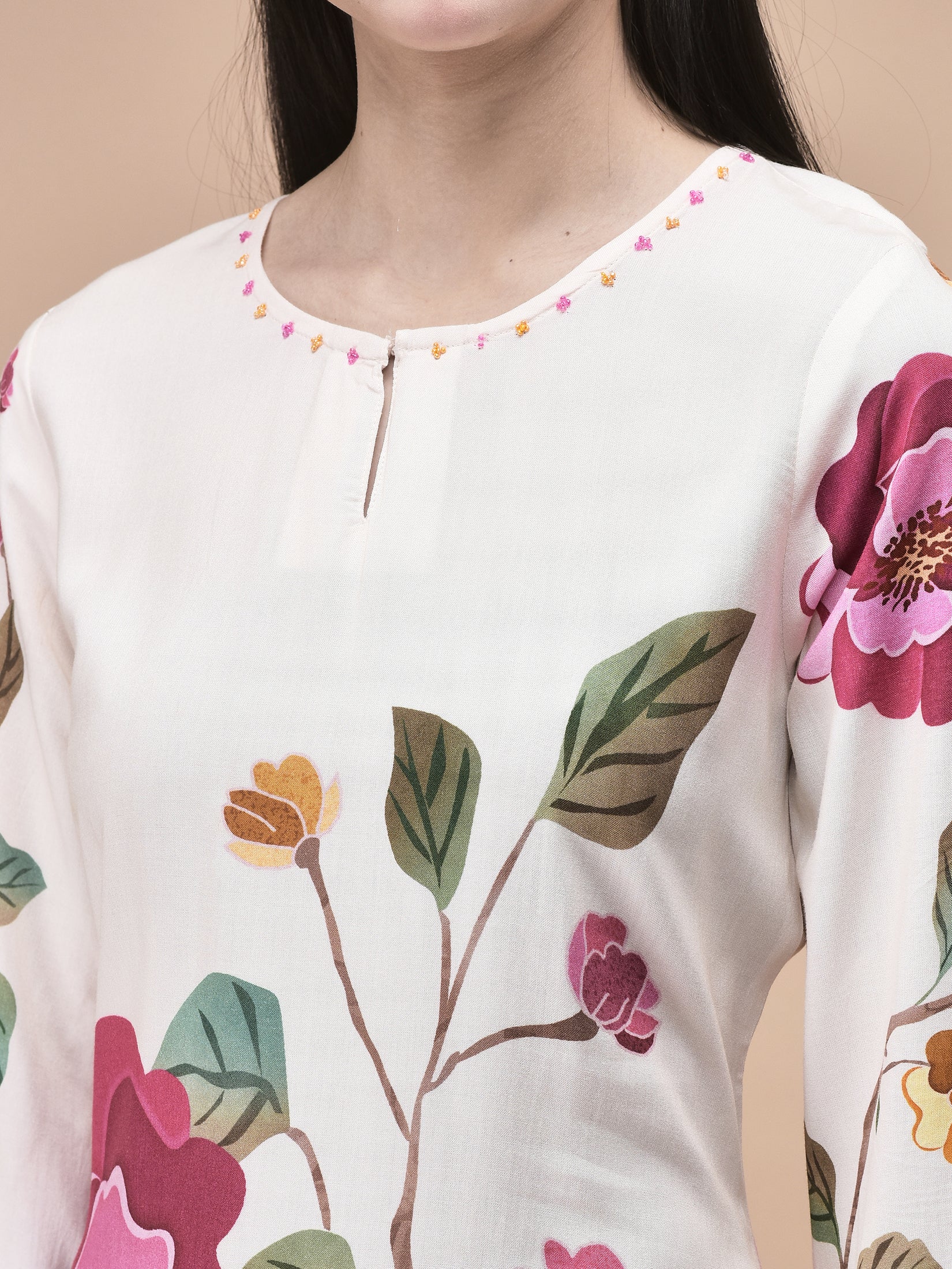 Women Liva Off White Floral Print Kurta Comfort Pant Dupatta