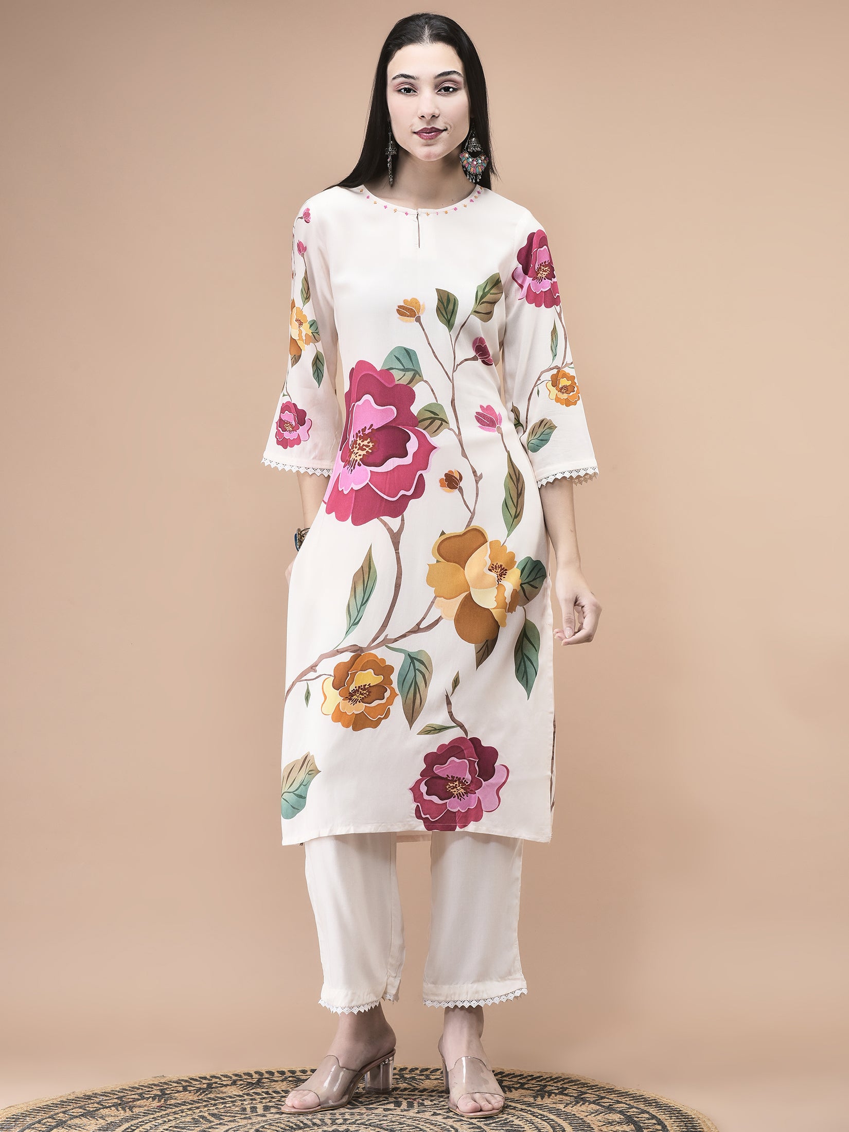 Women Liva Off White Floral Print Kurta Comfort Pant Dupatta