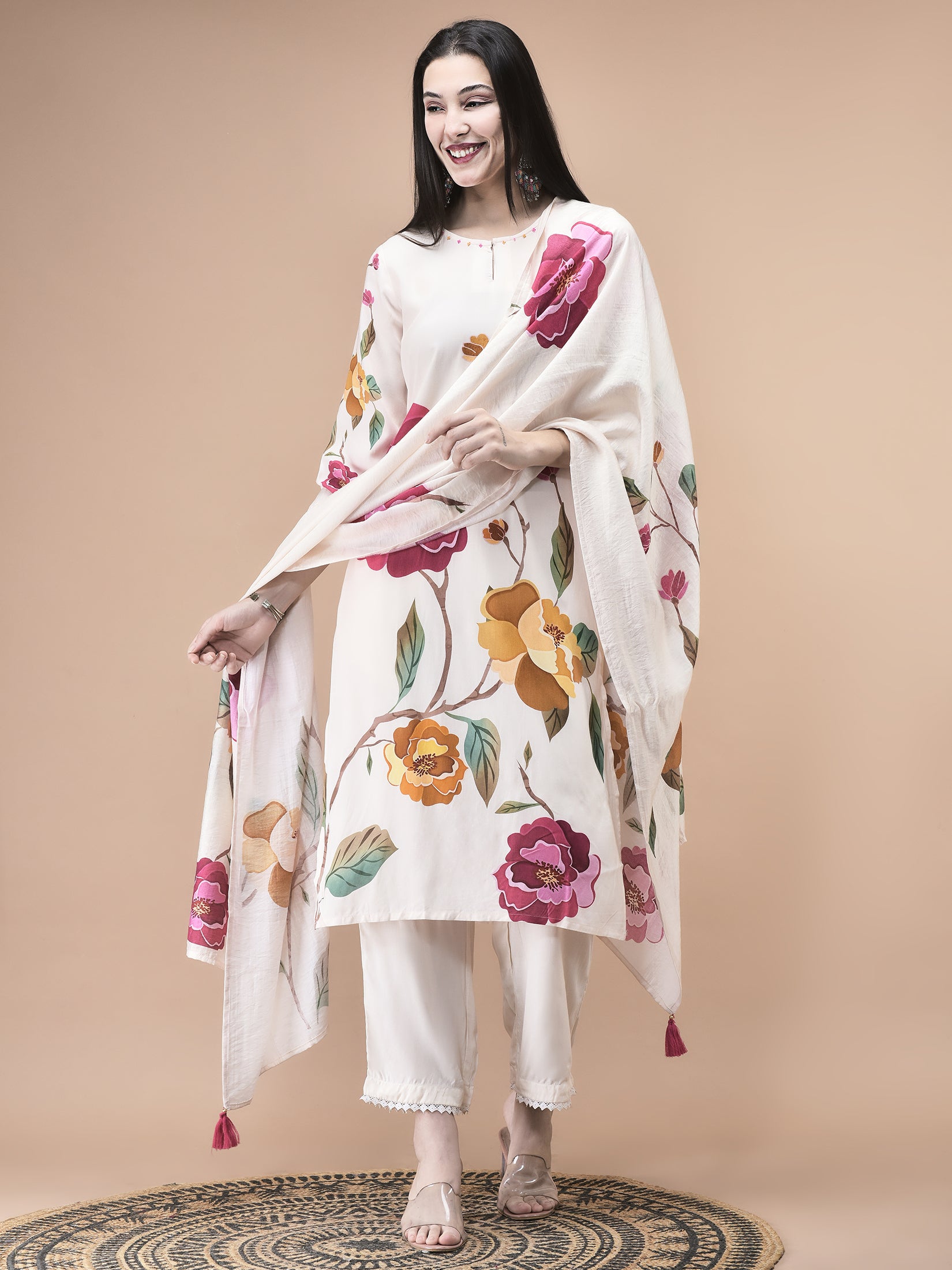 Women Liva Off White Floral Print Kurta Comfort Pant Dupatta