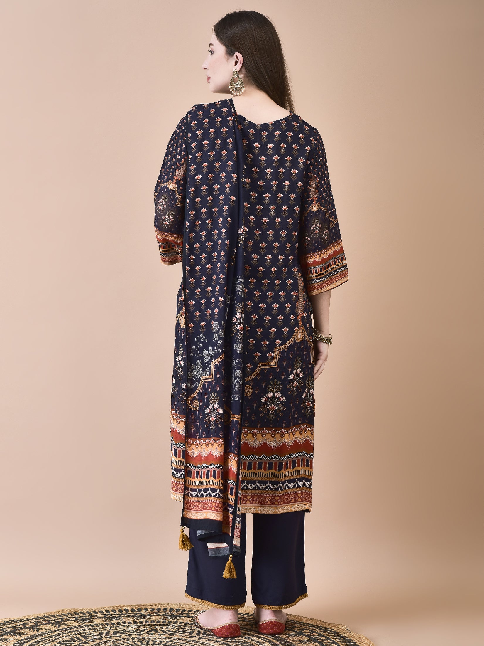 Women Muslin Navy Blue Ornamental Print Kurta Comfort Pant Dupatta