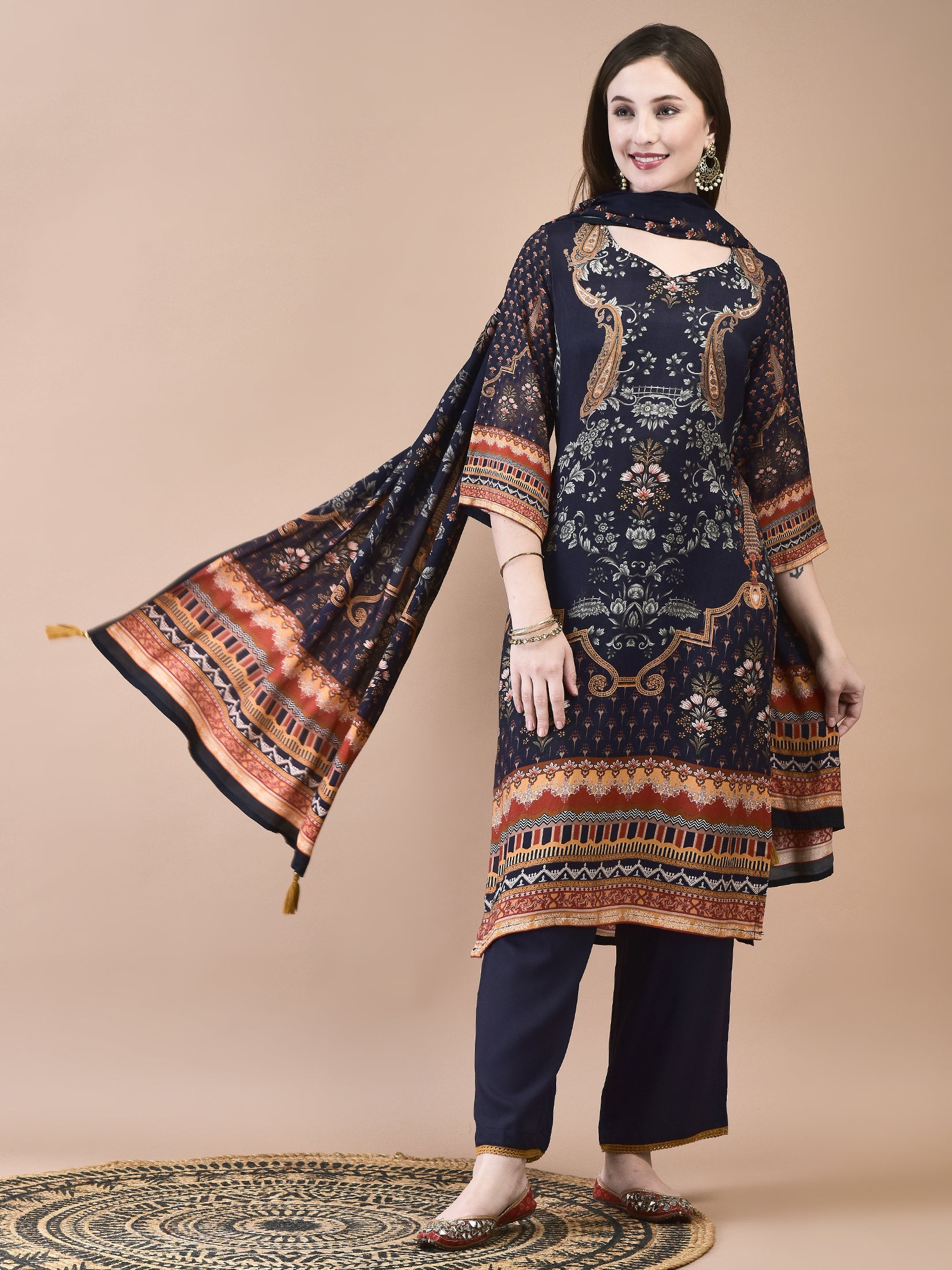 Women Muslin Navy Blue Ornamental Print Kurta Comfort Pant Dupatta