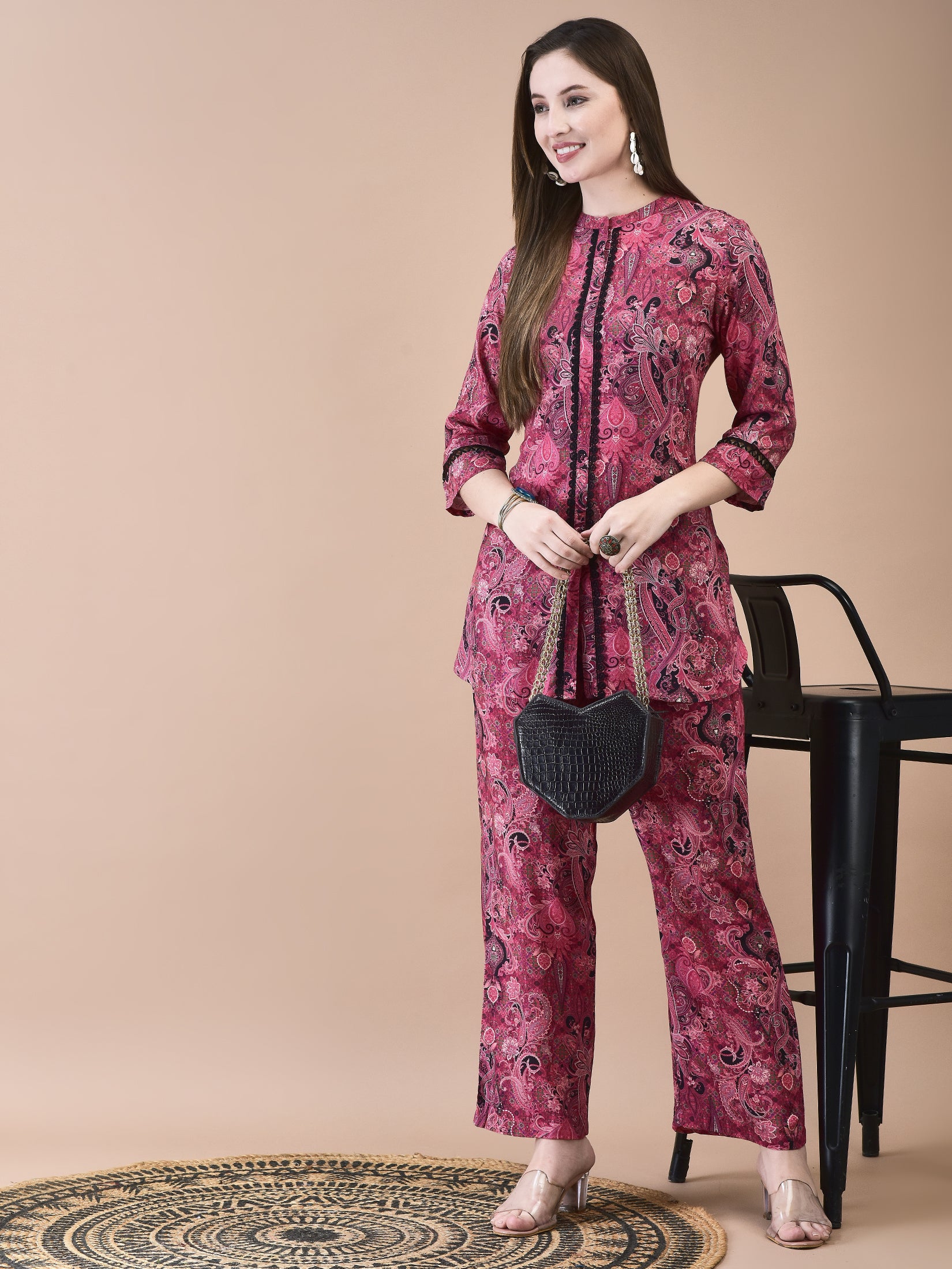 Women Liva Pink Paisley Print Co-Ord Set