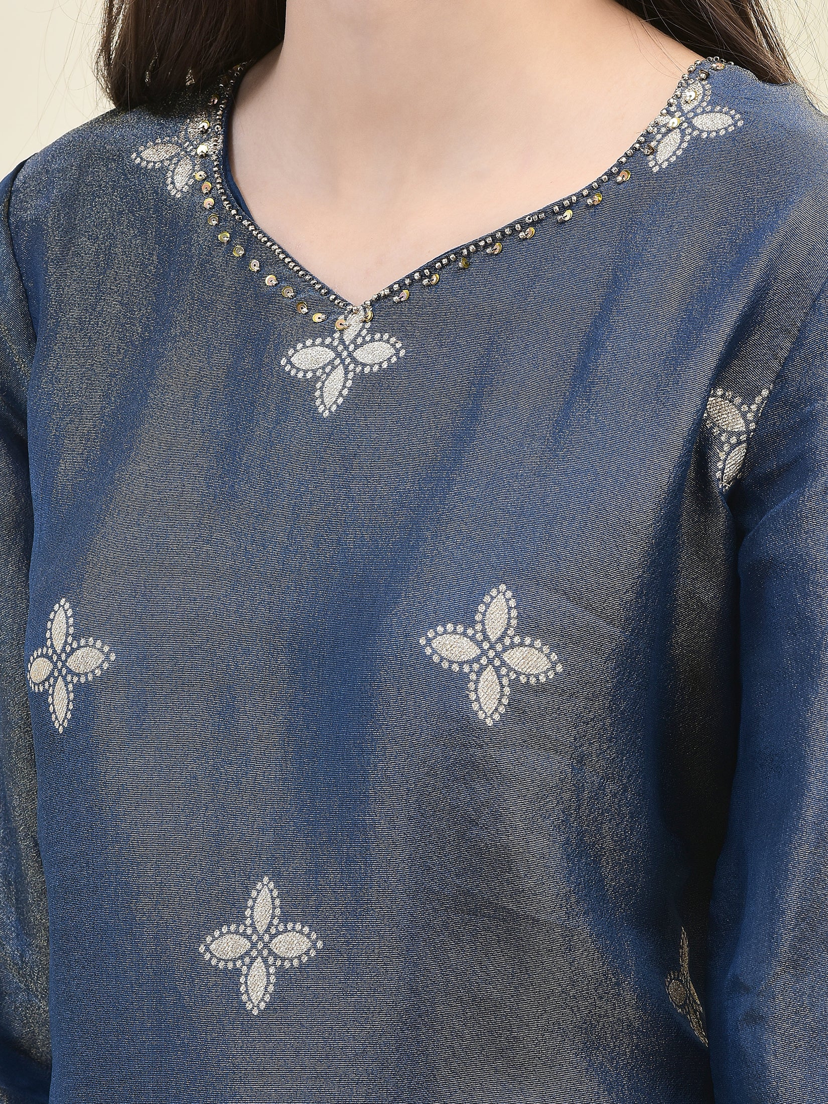 Women Jacquard Blue Ornamental Print Kurta Comfort Pant Dupatta