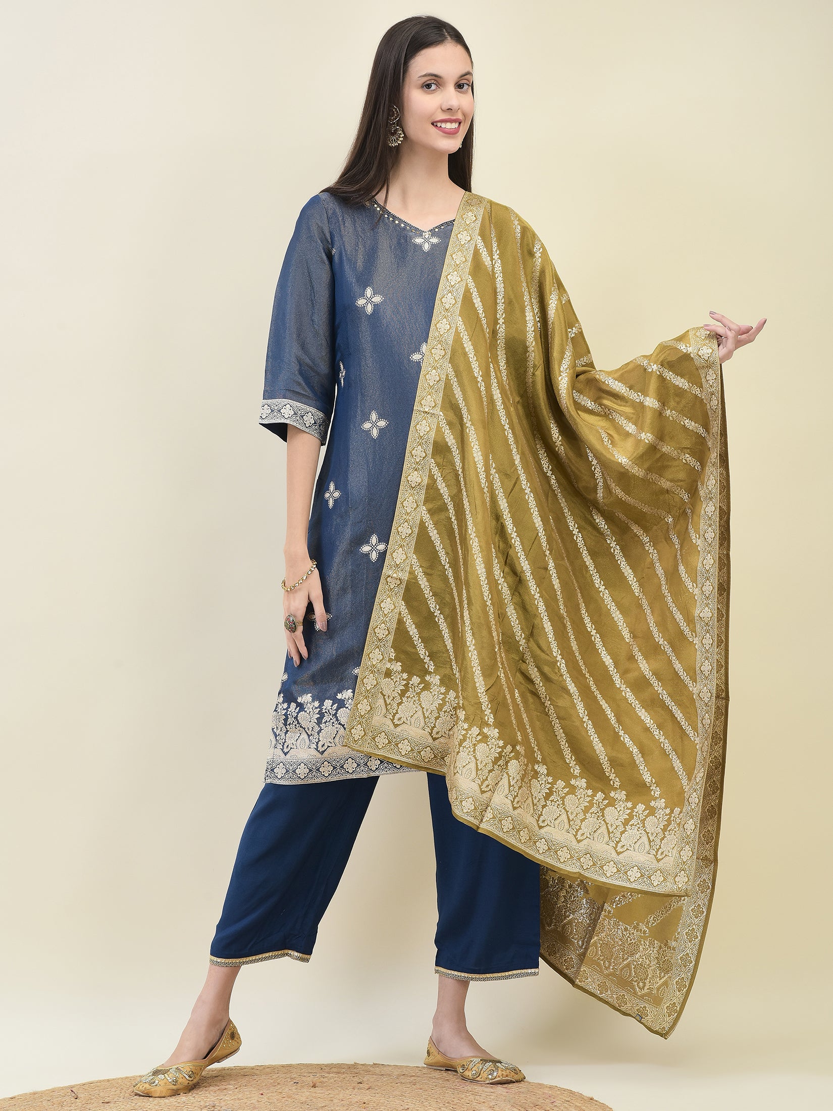 Women Jacquard Blue Ornamental Print Kurta Comfort Pant Dupatta