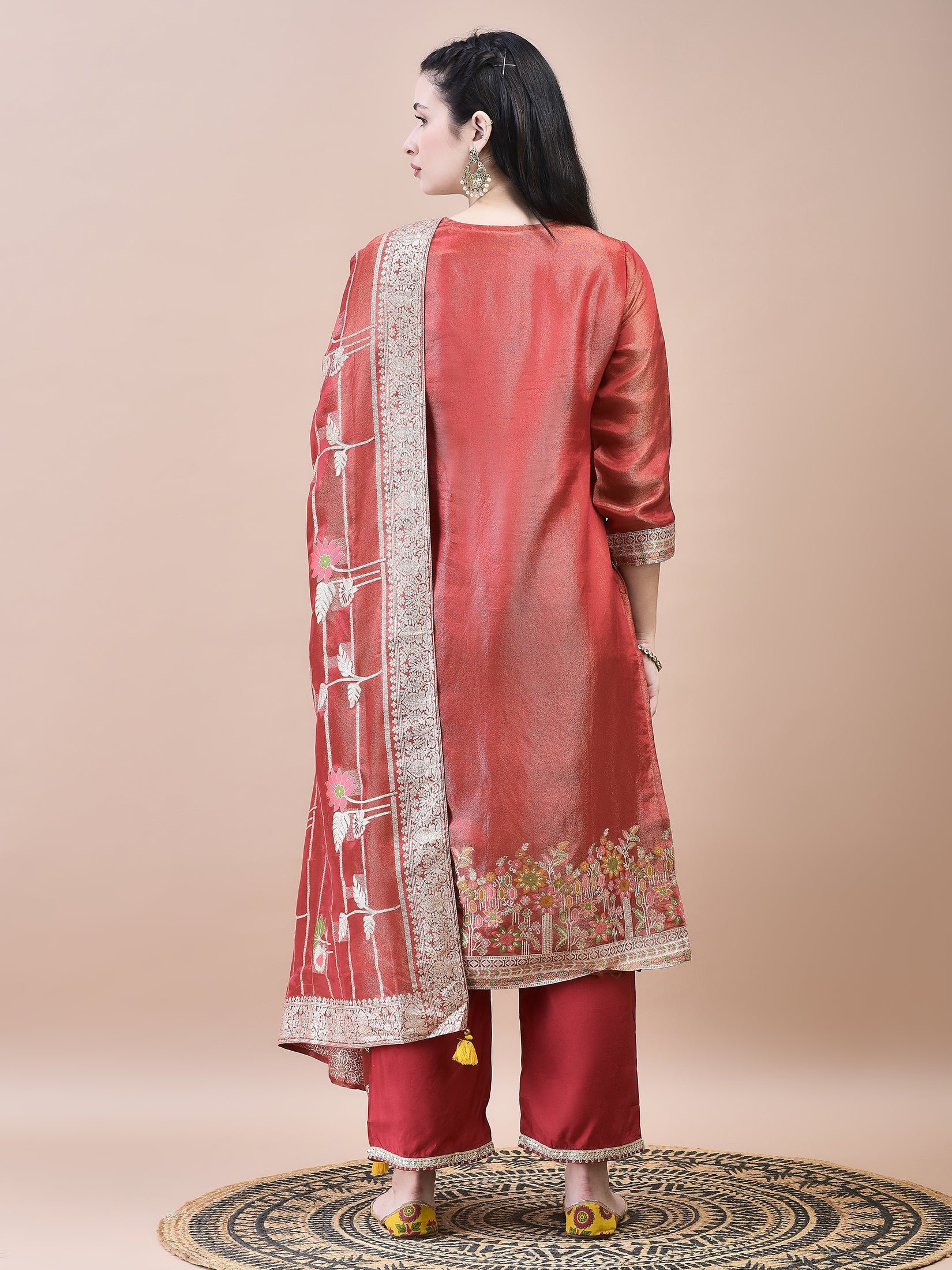 Women Dola Jacquard Red Woven Kurta Comfort Pant Dupatta