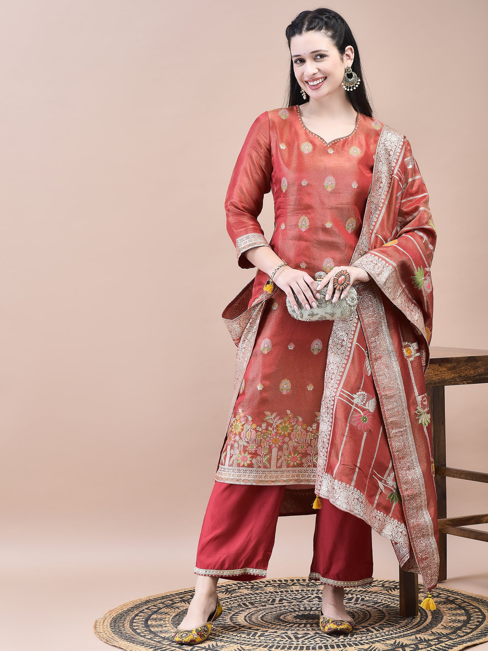 Women Dola Jacquard Red Woven Kurta Comfort Pant Dupatta