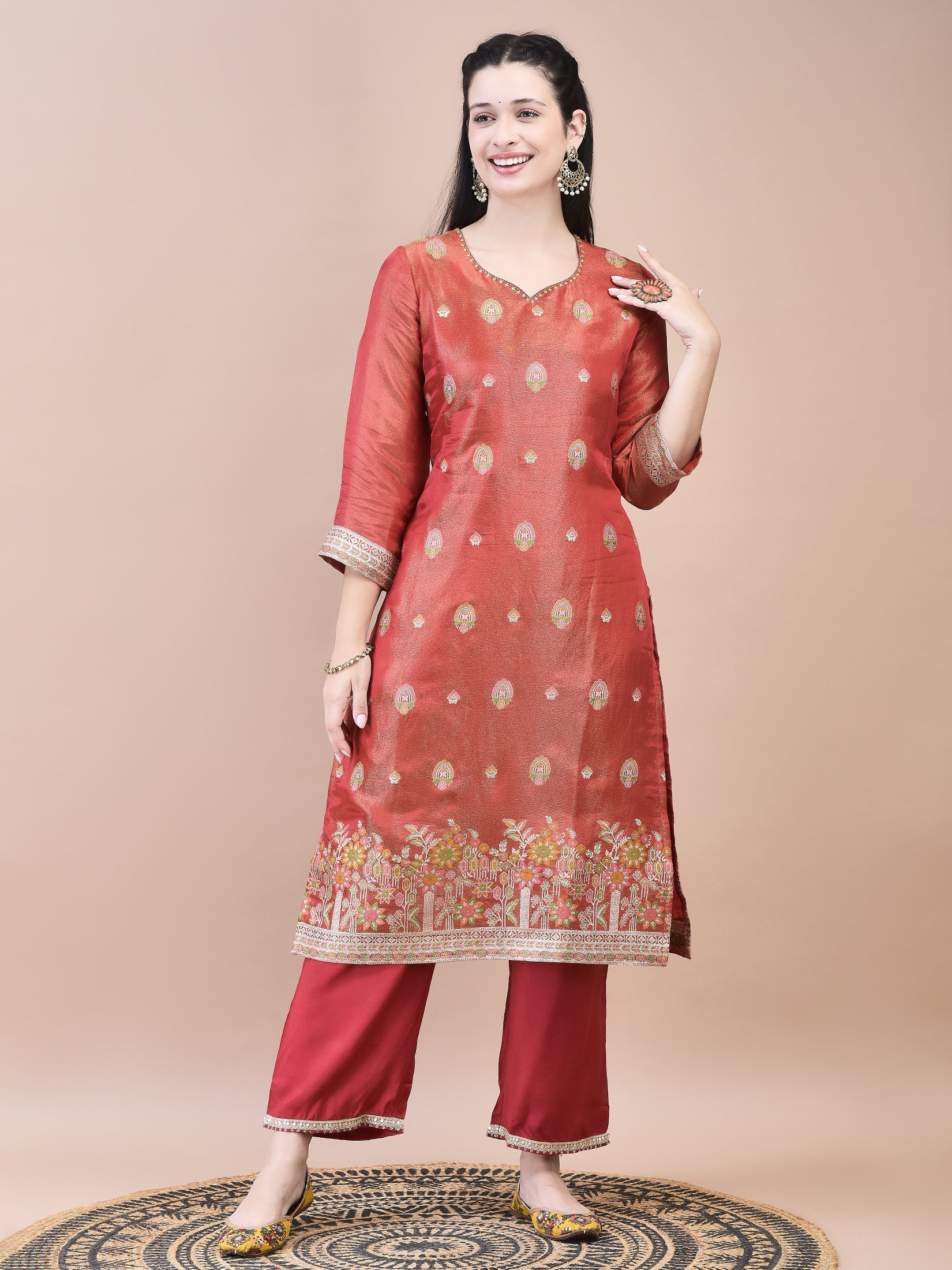 Women Dola Jacquard Red Woven Kurta Comfort Pant Dupatta