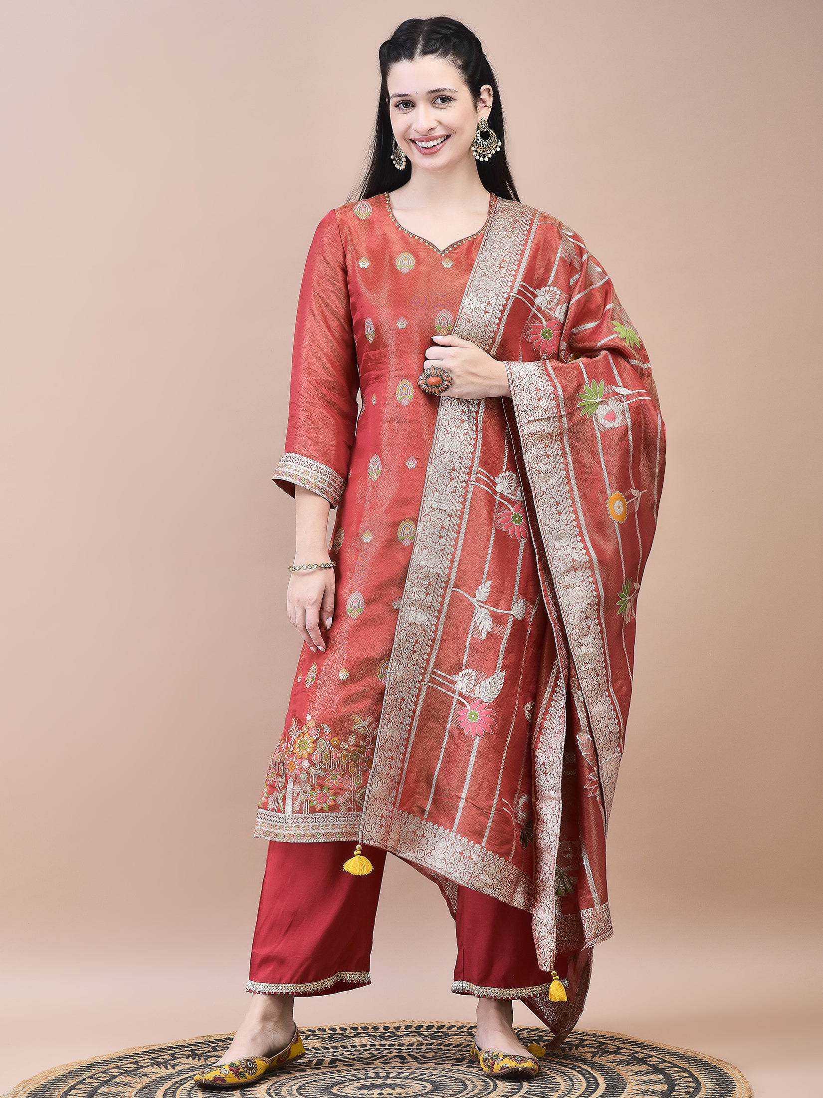 Women Dola Jacquard Red Woven Kurta Comfort Pant Dupatta