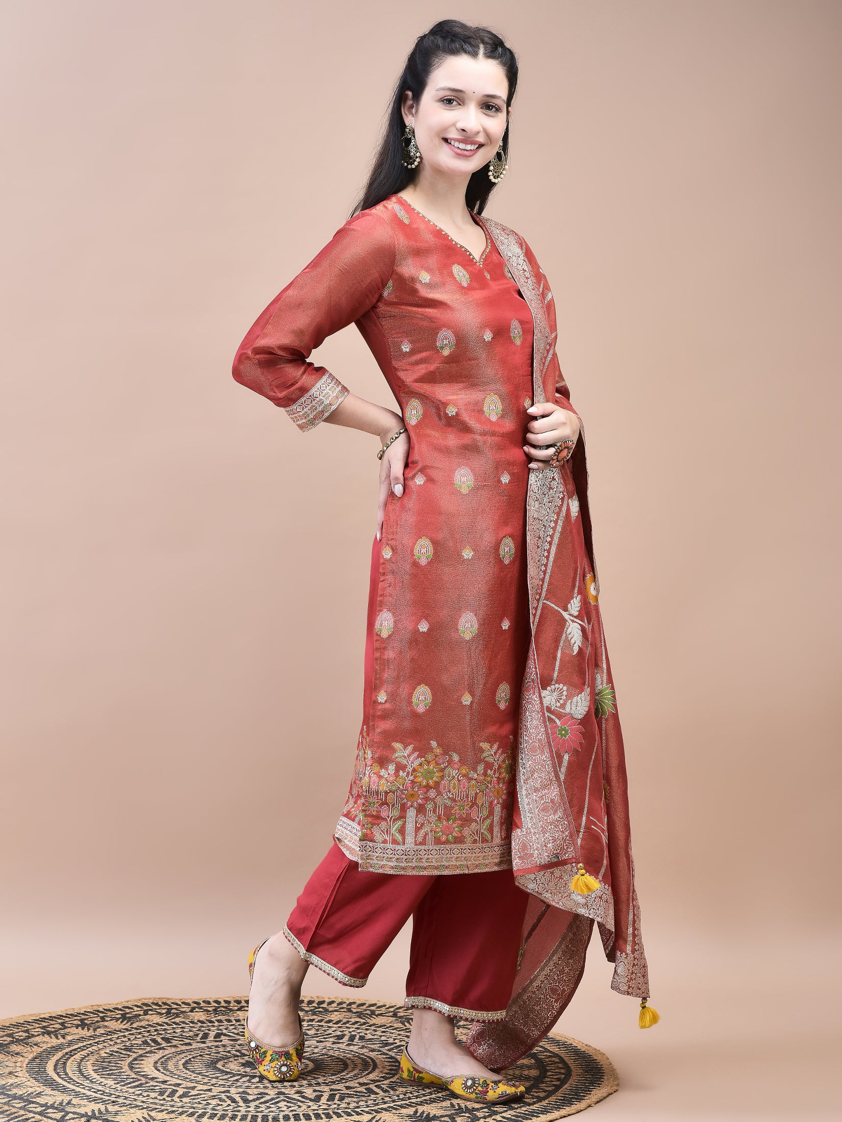 Women Dola Jacquard Red Woven Kurta Comfort Pant Dupatta