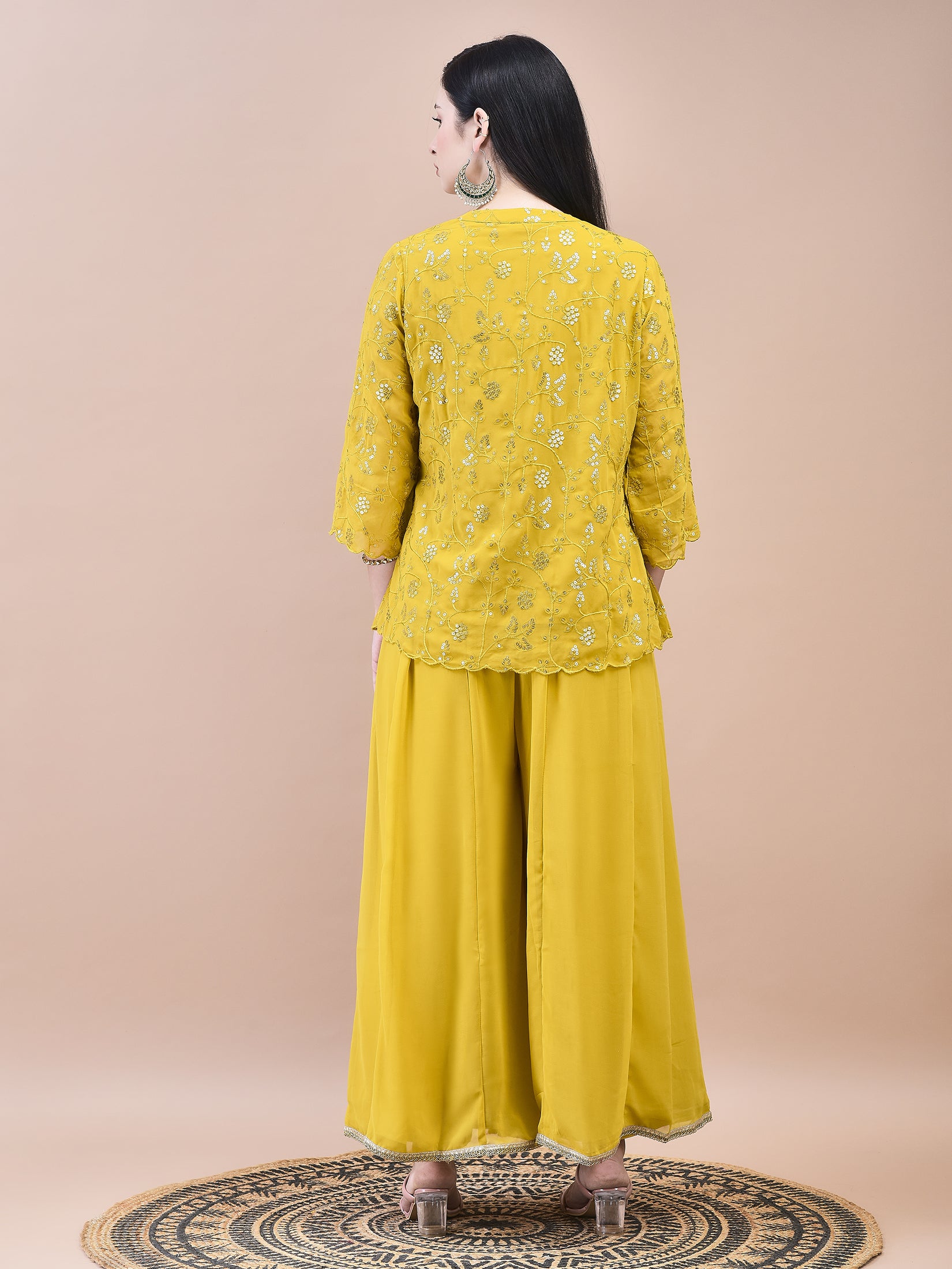 Women Georgette Mustard Embroidered Top Jacket Split Pant