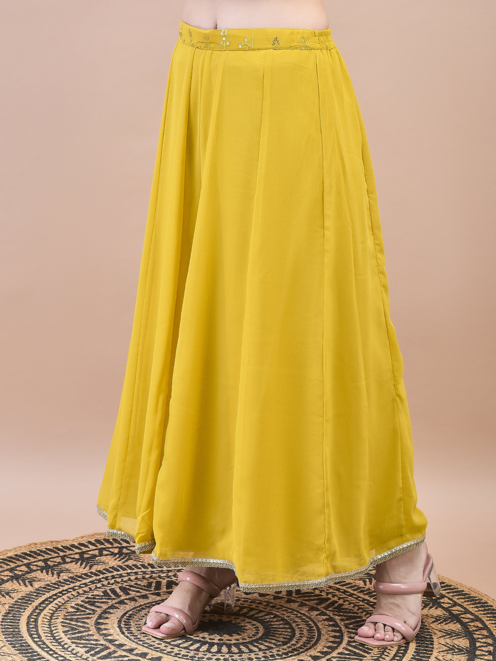 Women Georgette Mustard Embroidered Top Jacket Split Pant