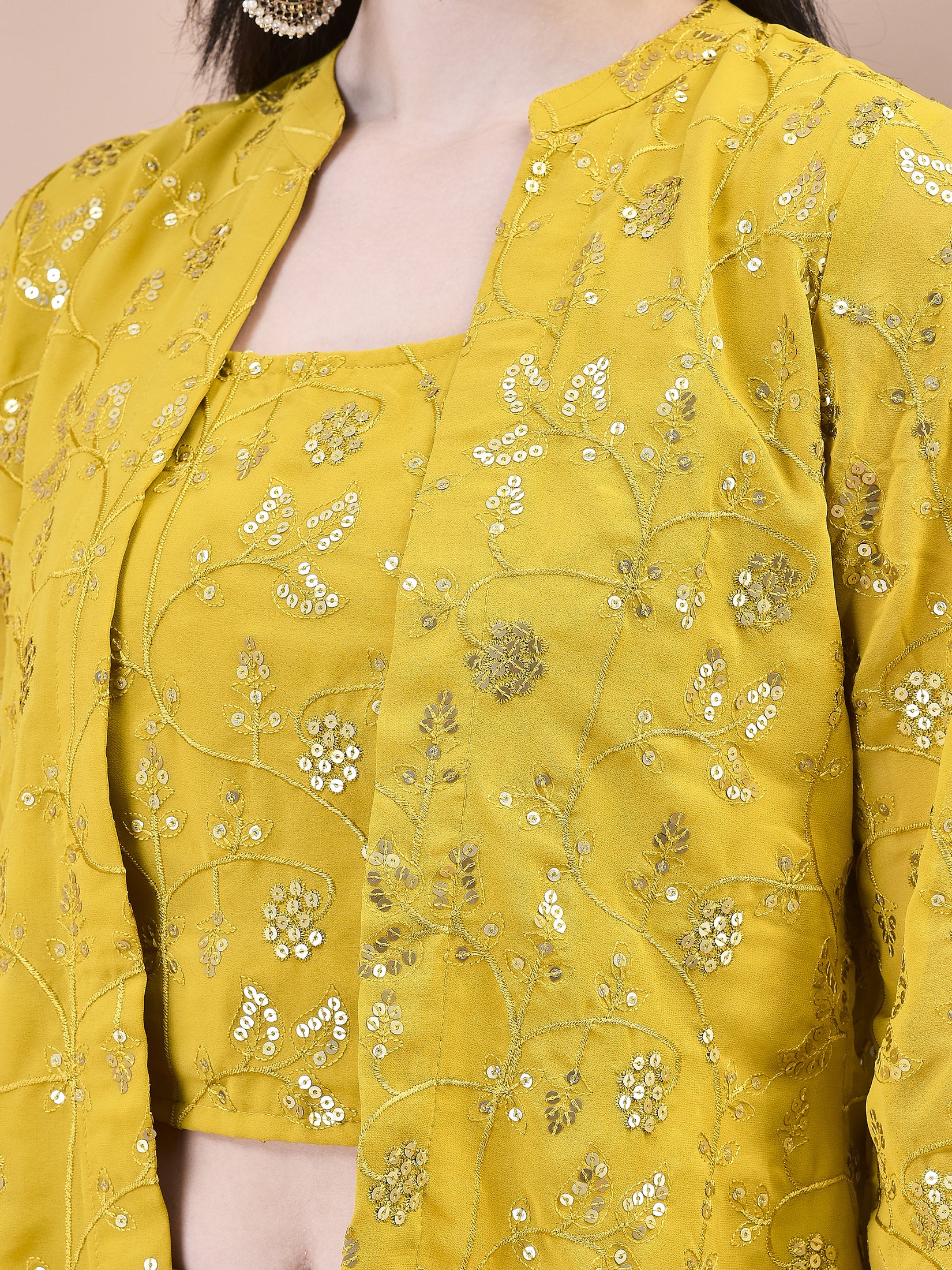 Women Georgette Mustard Embroidered Top Jacket Split Pant