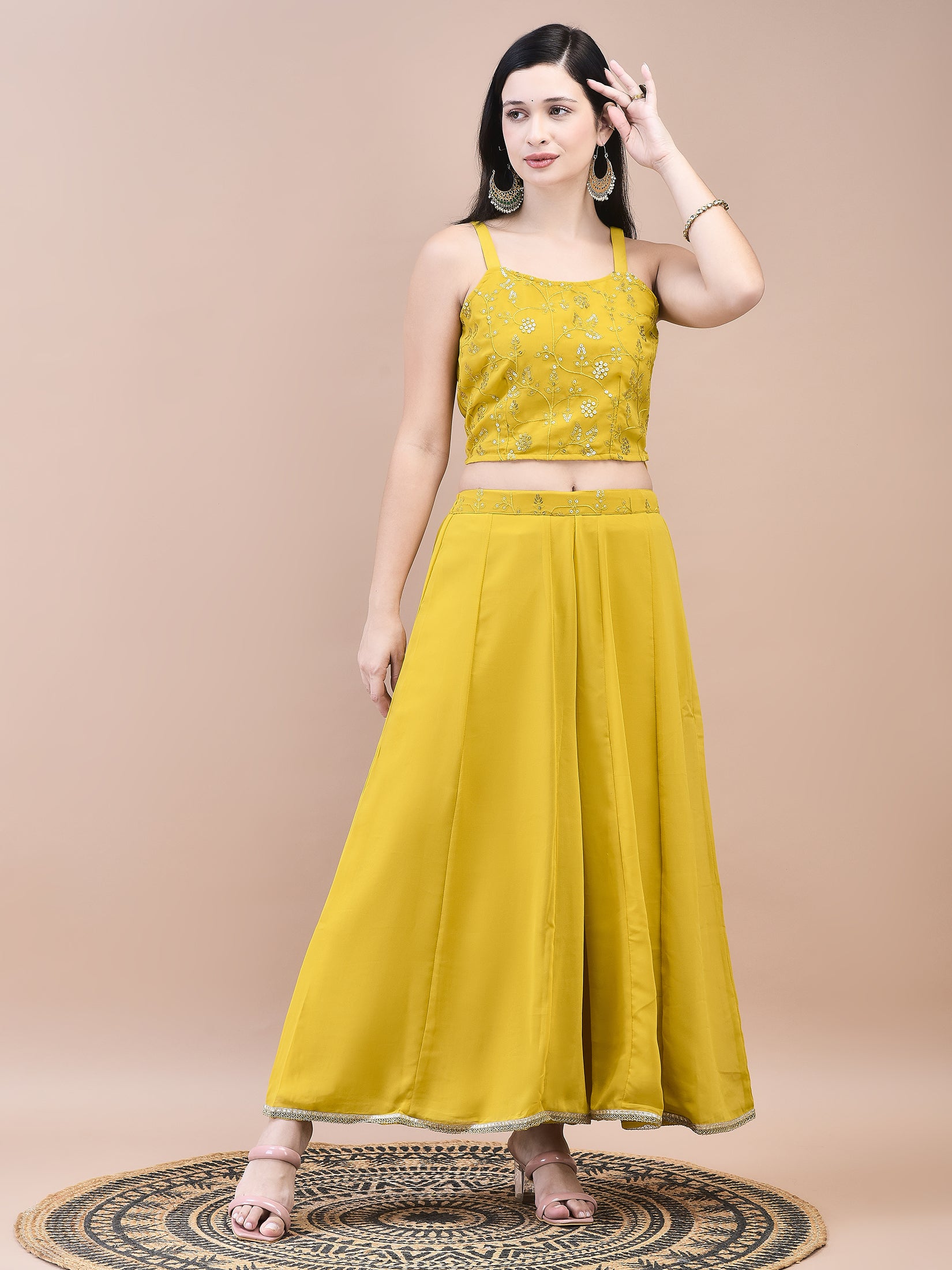 Women Georgette Mustard Embroidered Top Jacket Split Pant