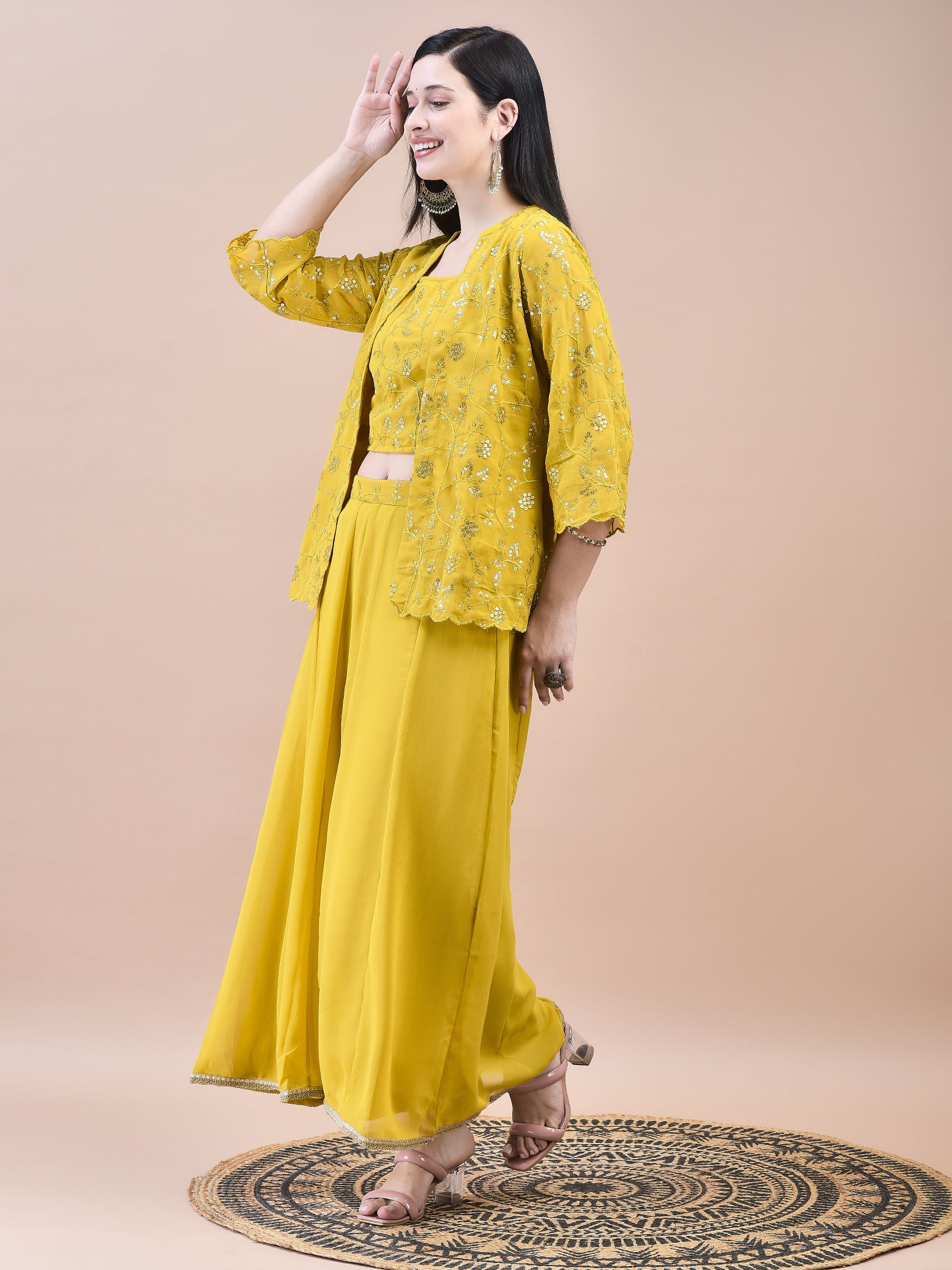 Women Georgette Mustard Embroidered Top Jacket Split Pant