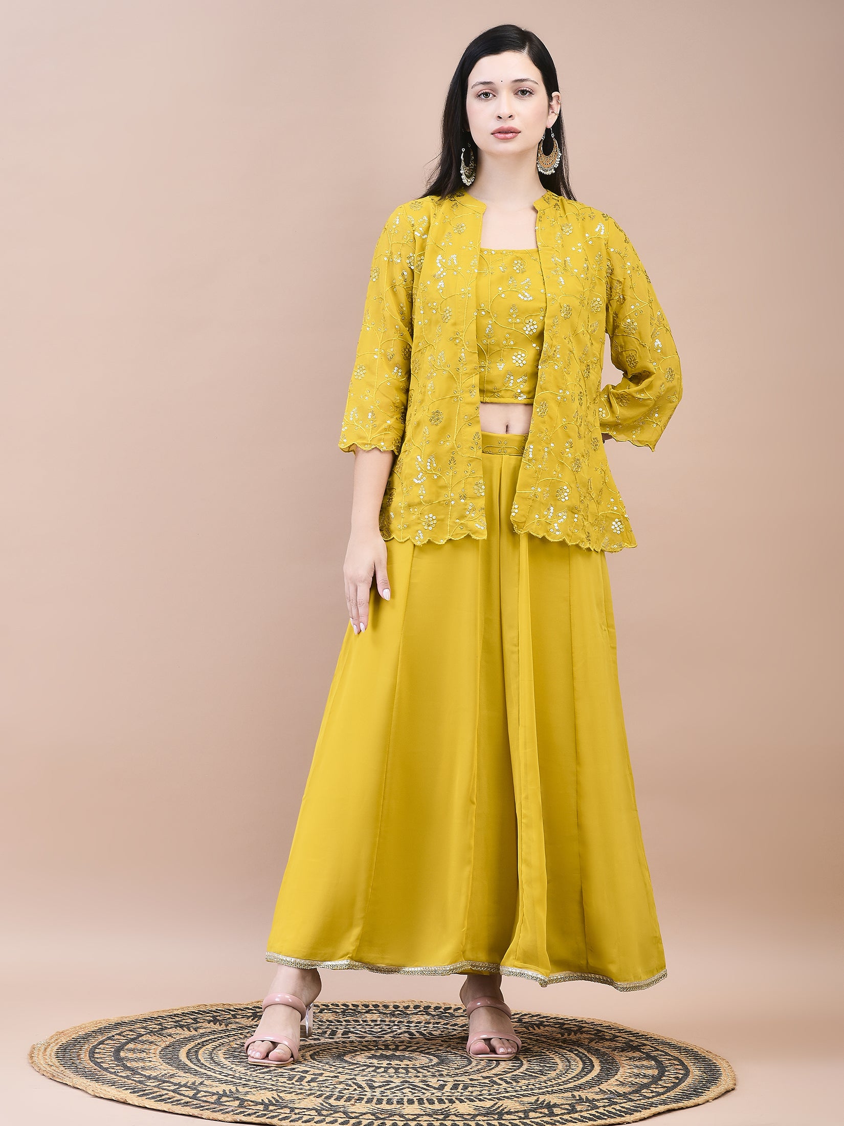 Women Georgette Mustard Embroidered Top Jacket Split Pant