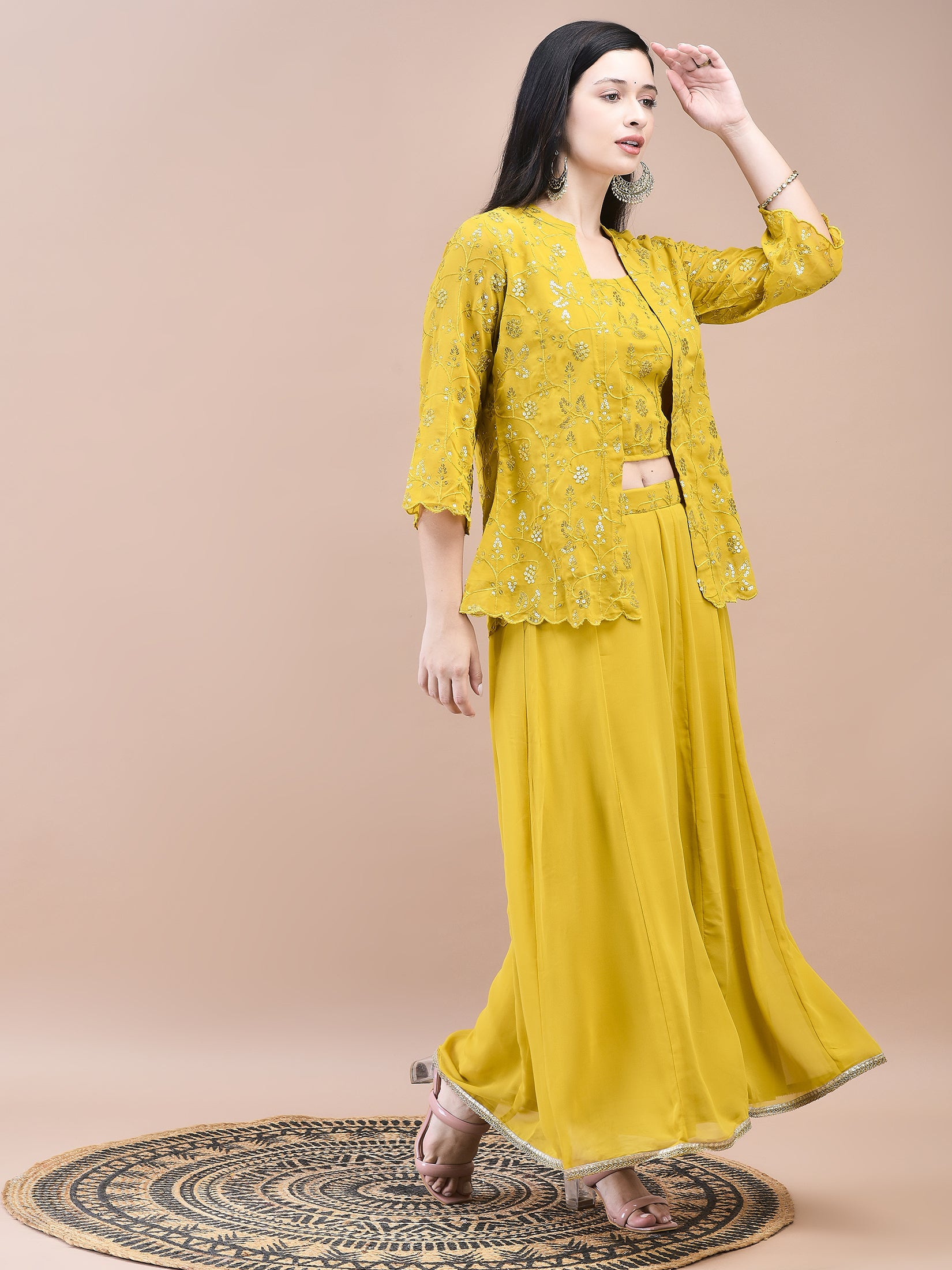 Women Georgette Mustard Embroidered Top Jacket Split Pant