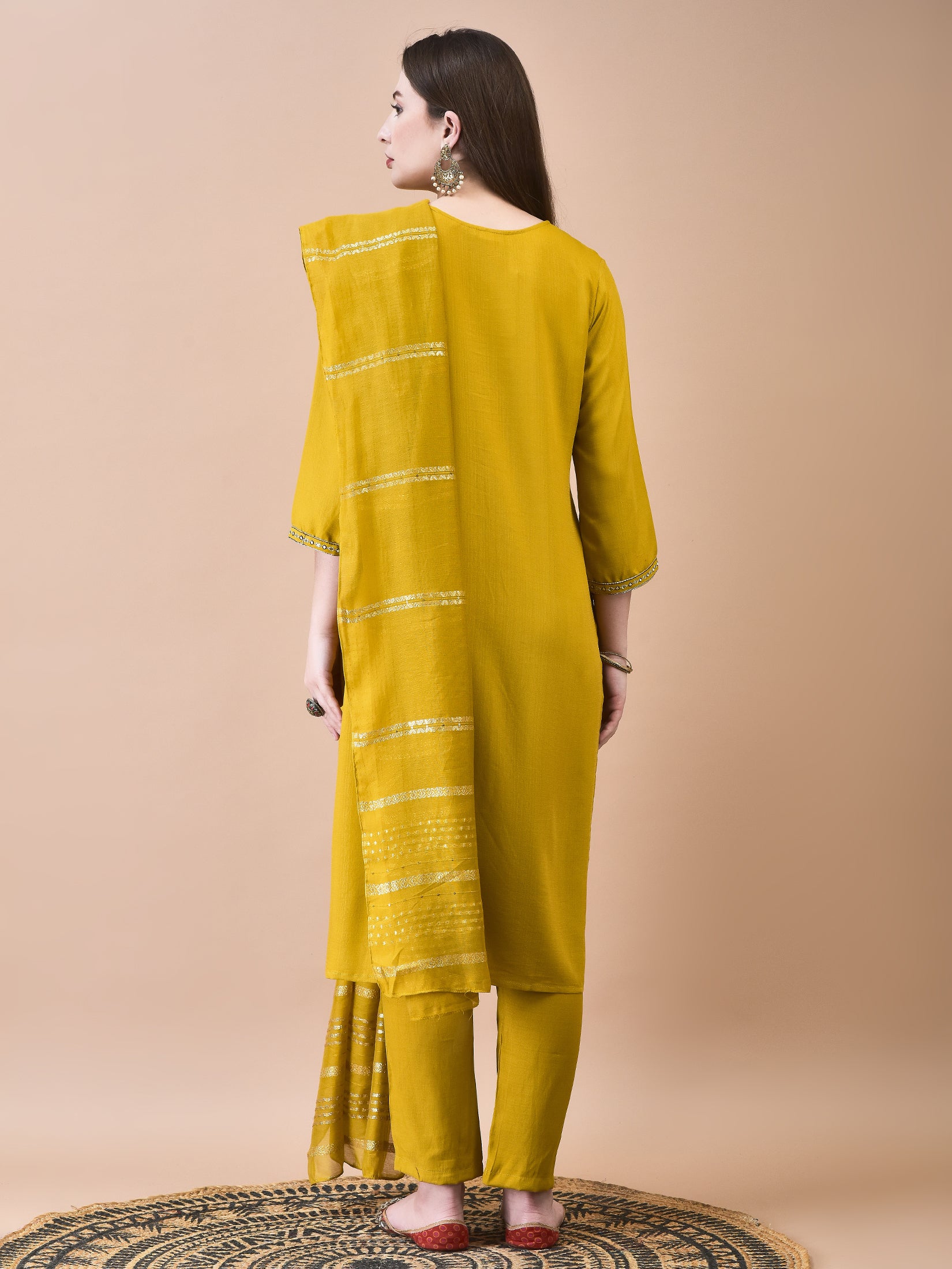 Women Poly Viscose Mustard Embroidered Kurta Trouser Chanderi Dupatta