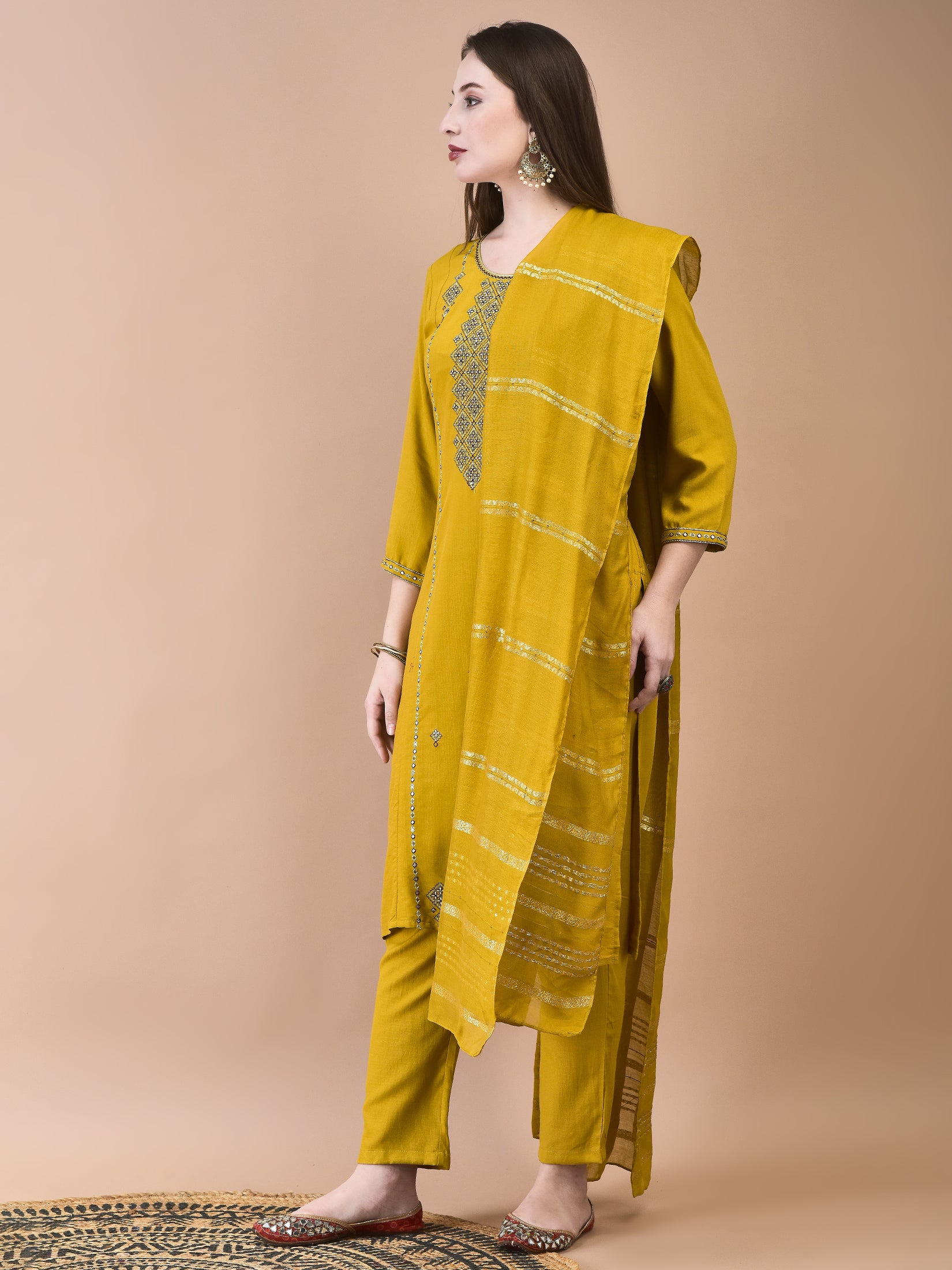 Women Poly Viscose Mustard Embroidered Kurta Trouser Chanderi Dupatta