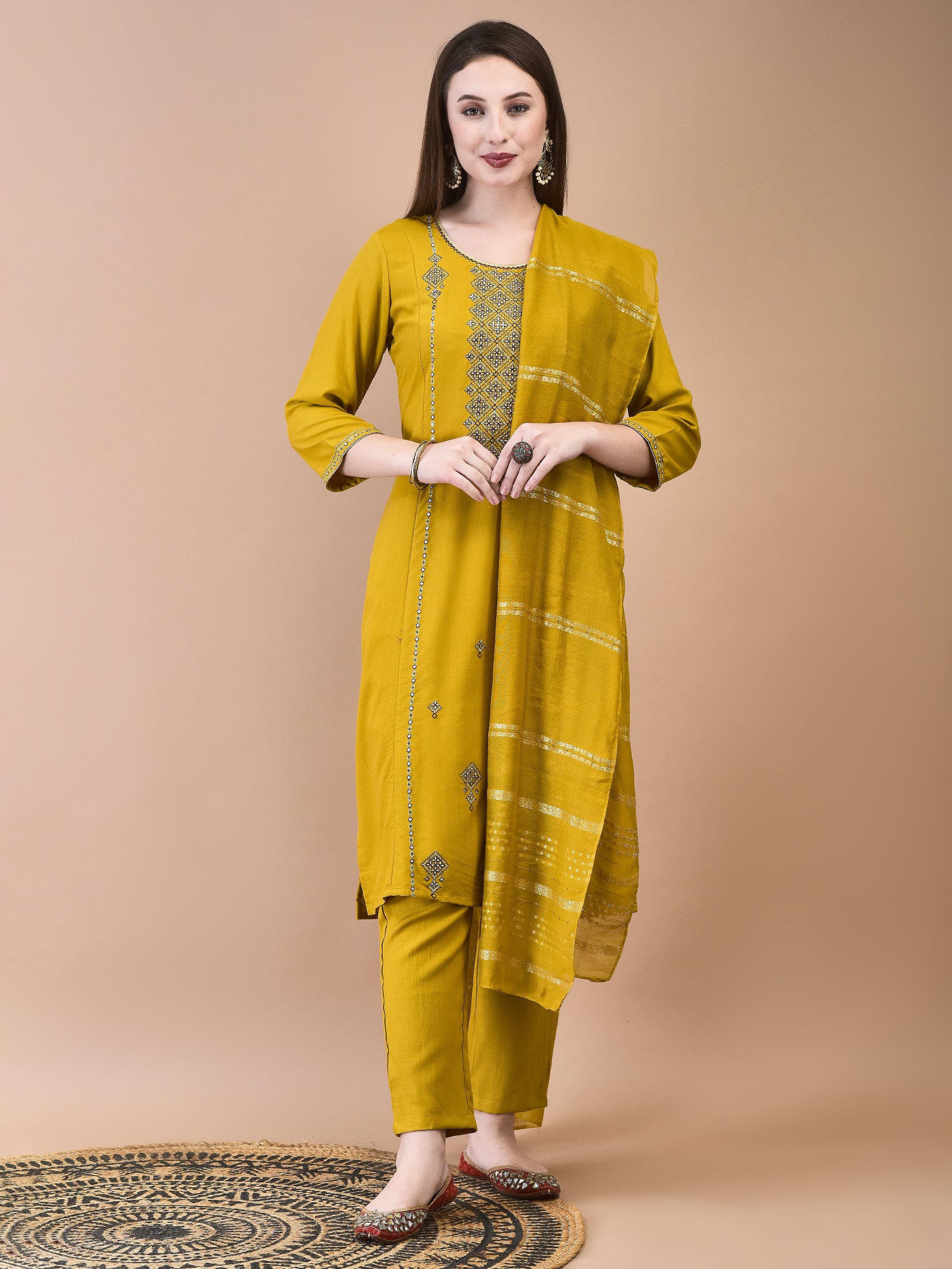 Women Poly Viscose Mustard Embroidered Kurta Trouser Chanderi Dupatta