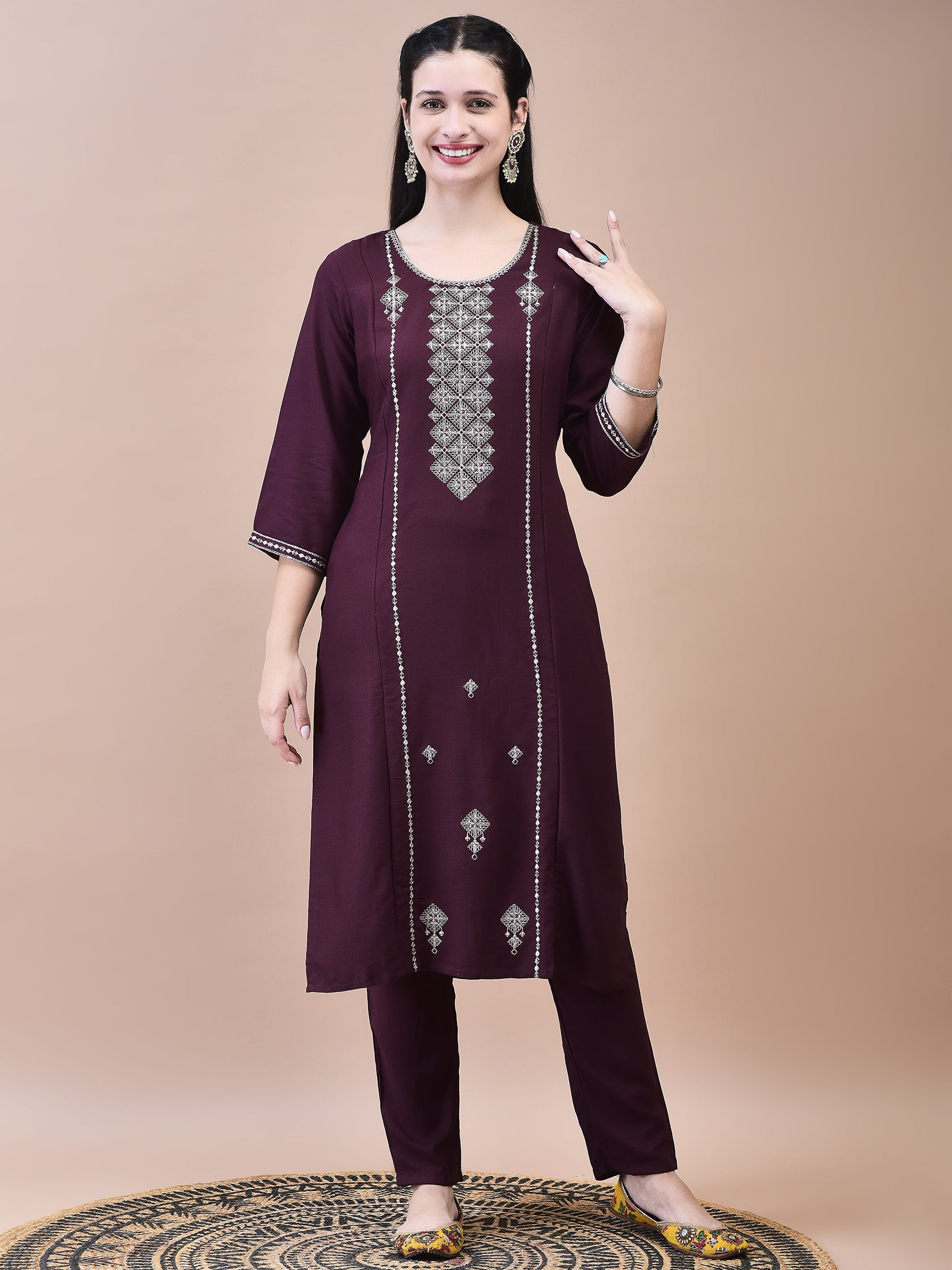 Women Poly Viscose Burgundy Embroidered Kurta Trouser Chanderi Dupatta