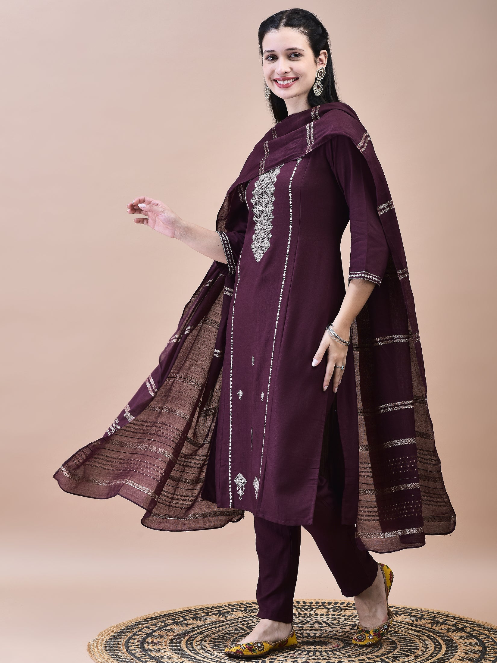 Women Poly Viscose Burgundy Embroidered Kurta Trouser Chanderi Dupatta