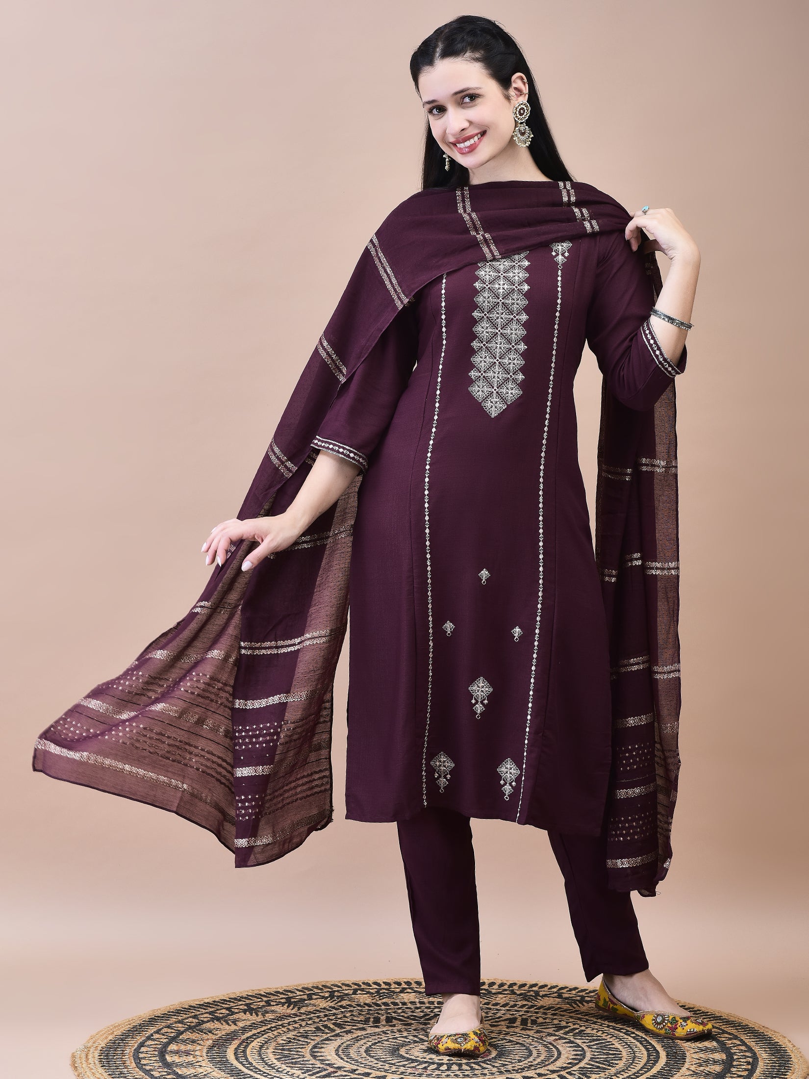 Women Poly Viscose Burgundy Embroidered Kurta Trouser Chanderi Dupatta