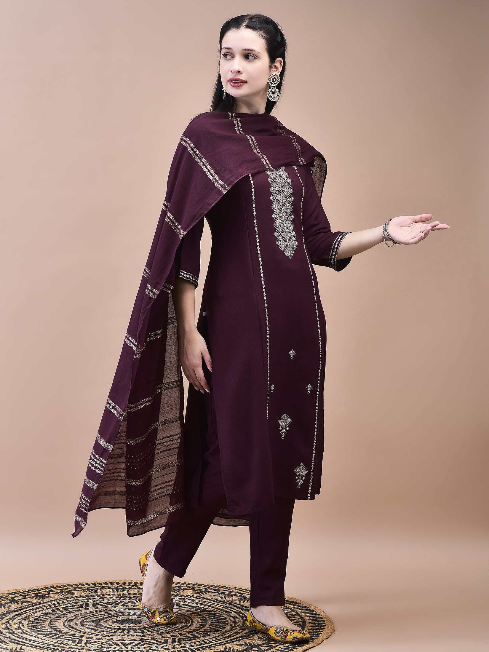 Women Poly Viscose Burgundy Embroidered Kurta Trouser Chanderi Dupatta