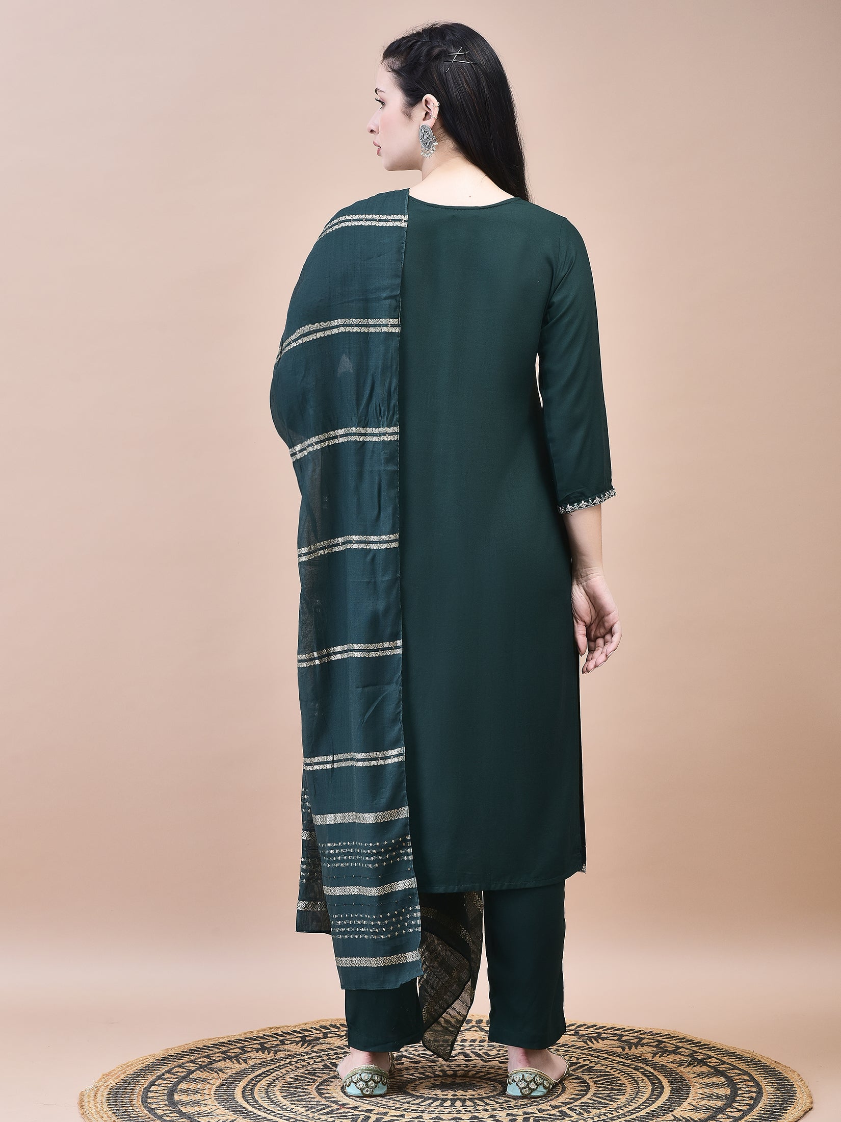 Women Liva Green Embroidered Kurta Trouser with Chanderi Dupatta