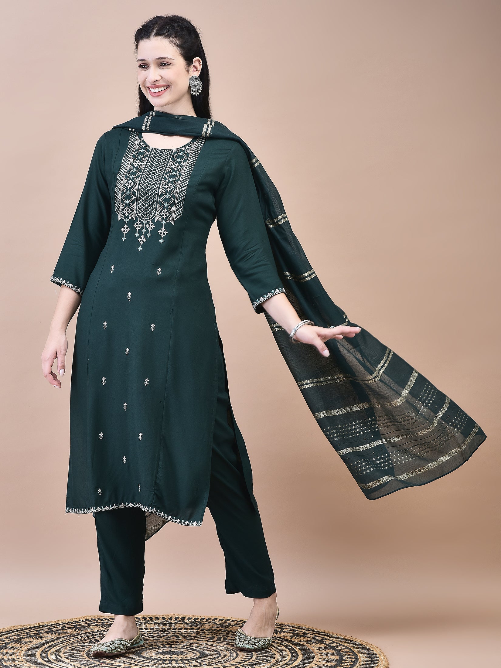 Women Liva Green Embroidered Kurta Trouser with Chanderi Dupatta