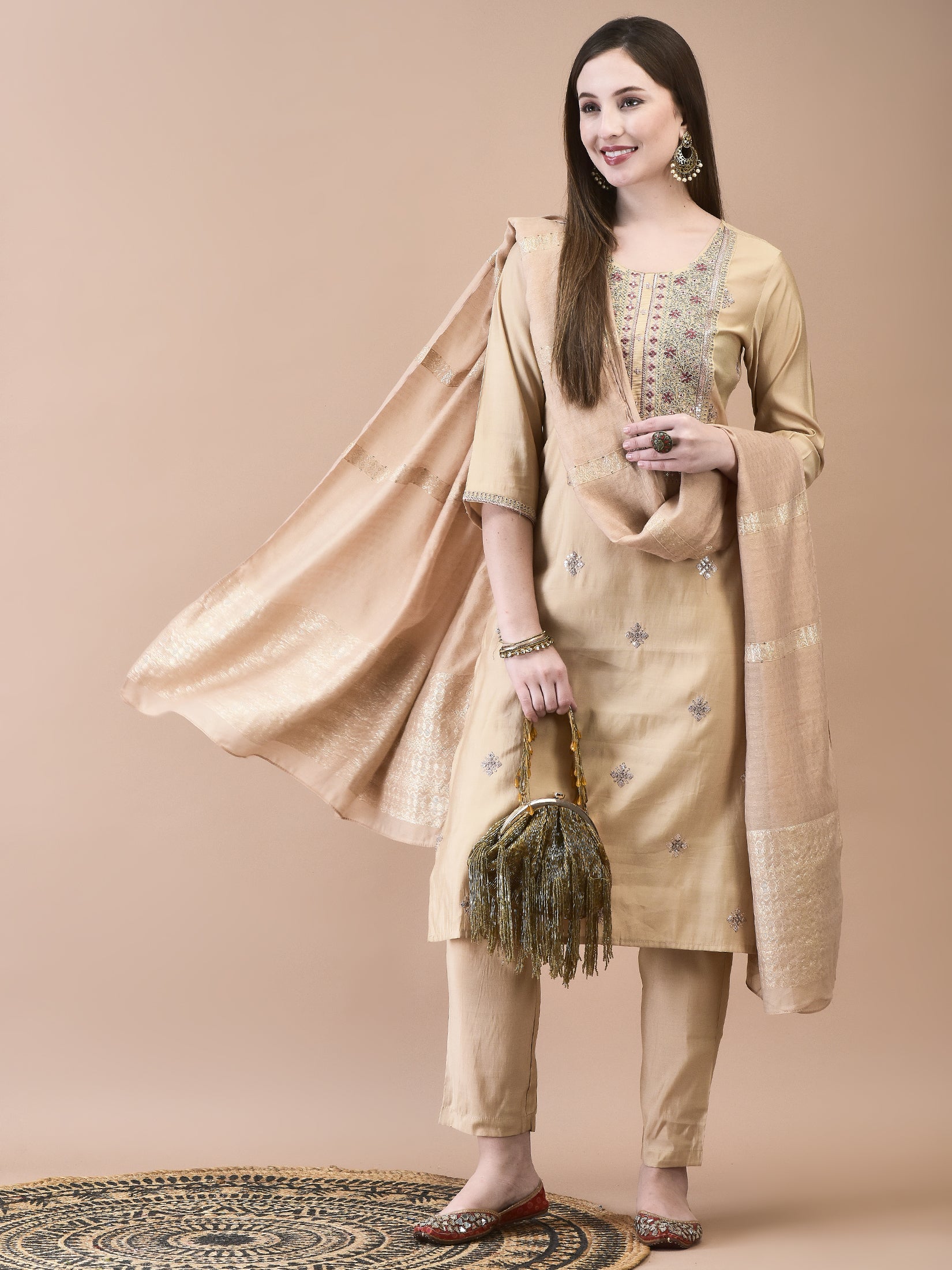 Women Chanderi Cream Embroidered Kurta Trouser Dupatta