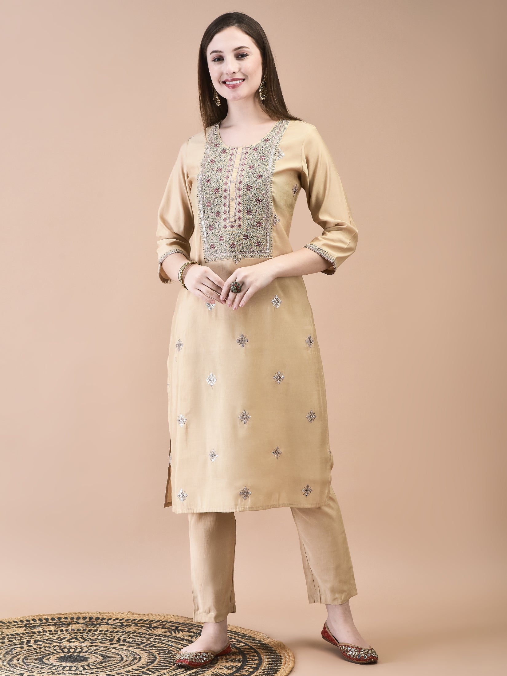 Women Chanderi Cream Embroidered Kurta Trouser Dupatta