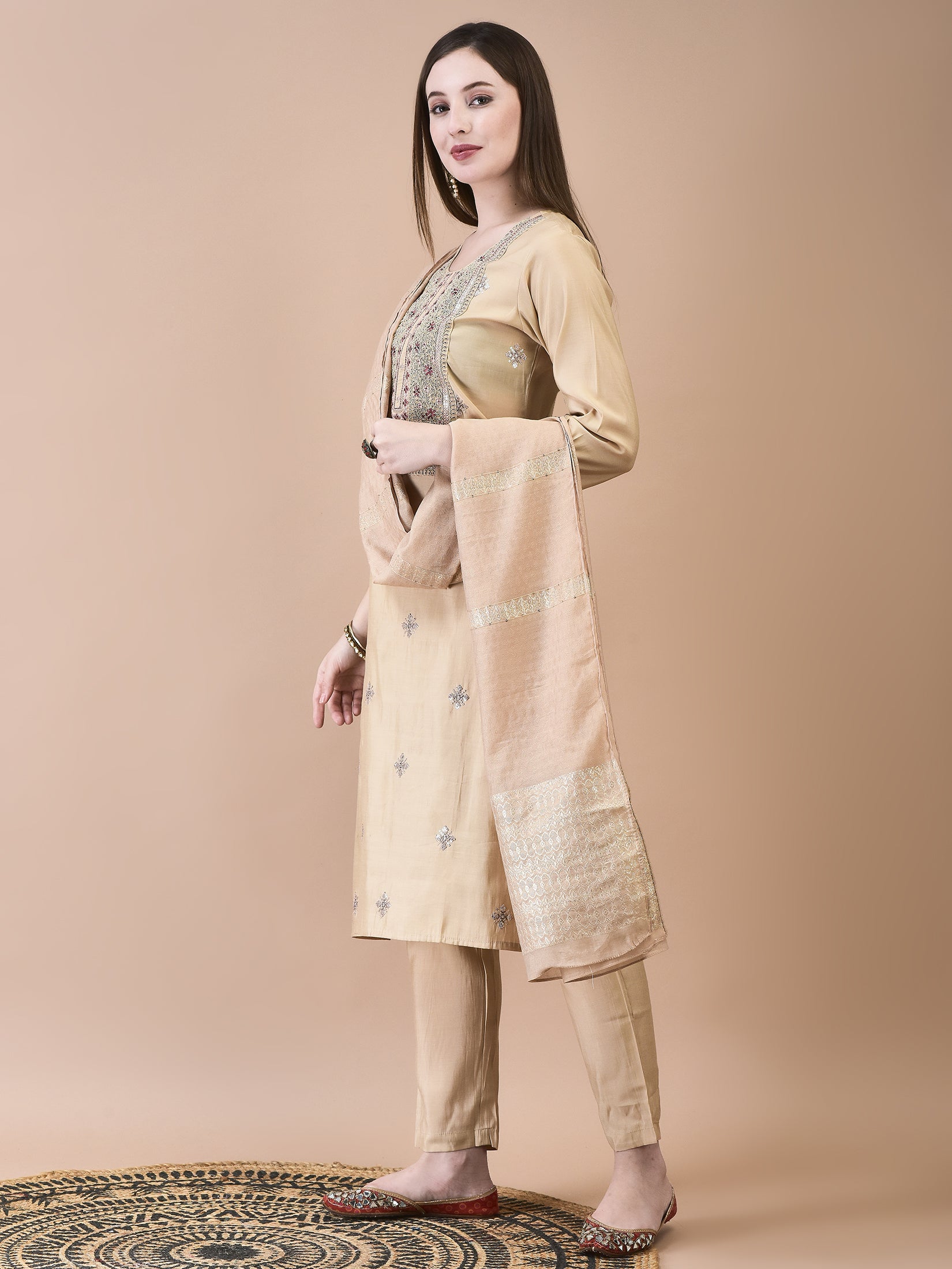 Women Chanderi Cream Embroidered Kurta Trouser Dupatta