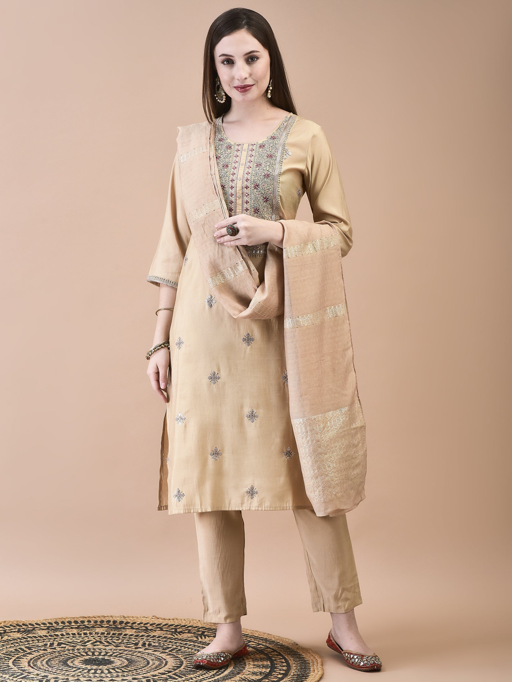 Women Chanderi Cream Embroidered Kurta Trouser Dupatta