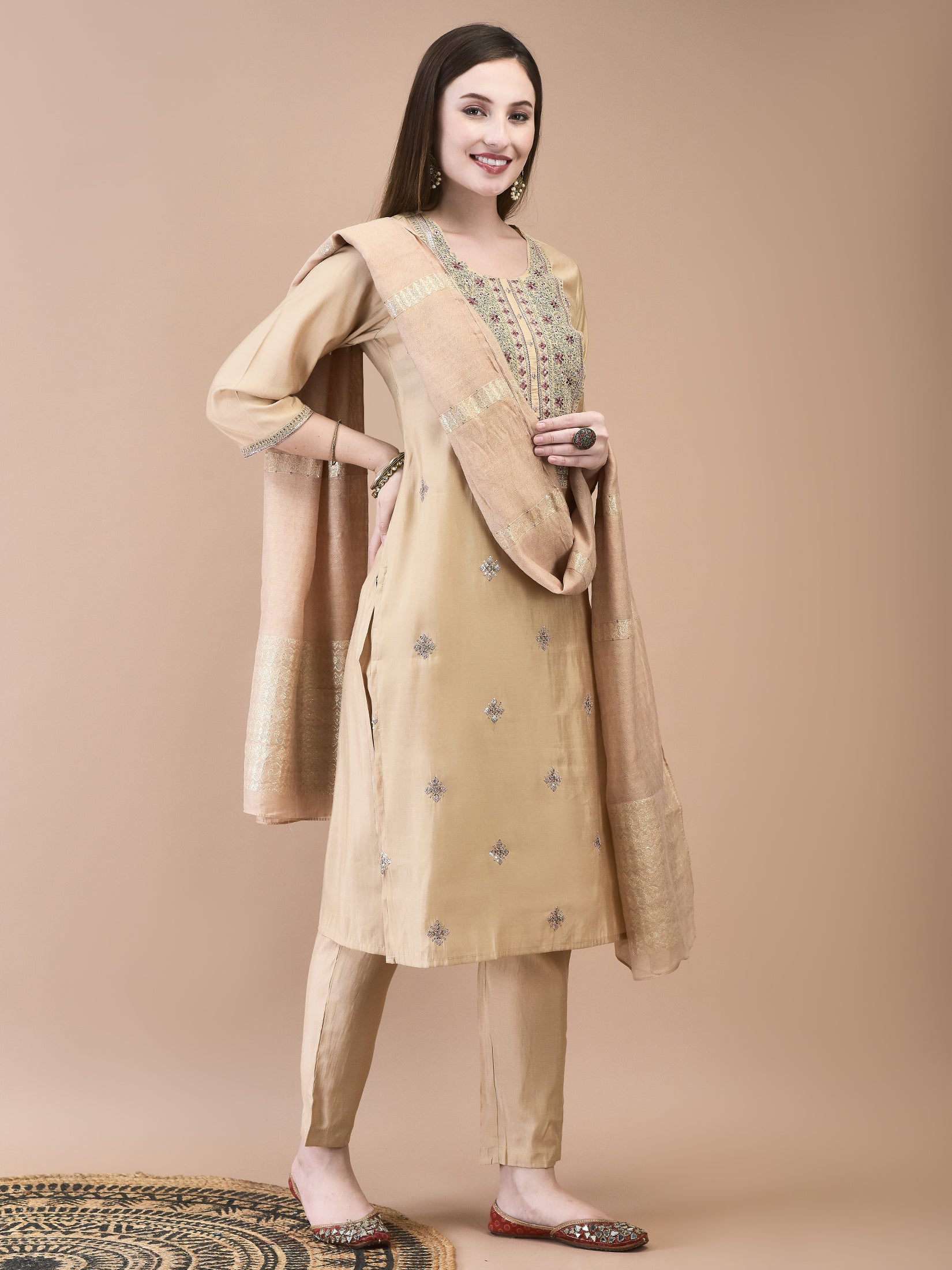 Women Chanderi Cream Embroidered Kurta Trouser Dupatta