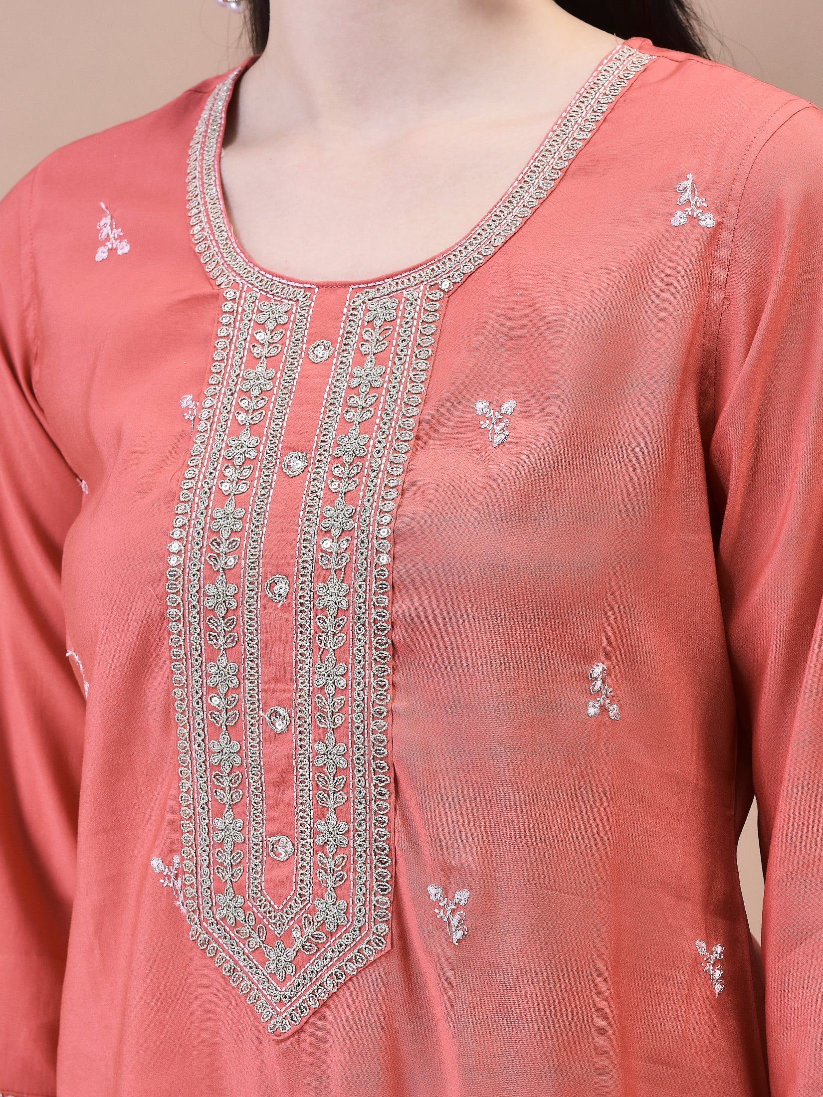 Women Chanderi Coral Embroidered Kurta Comfort Pant Dupatta