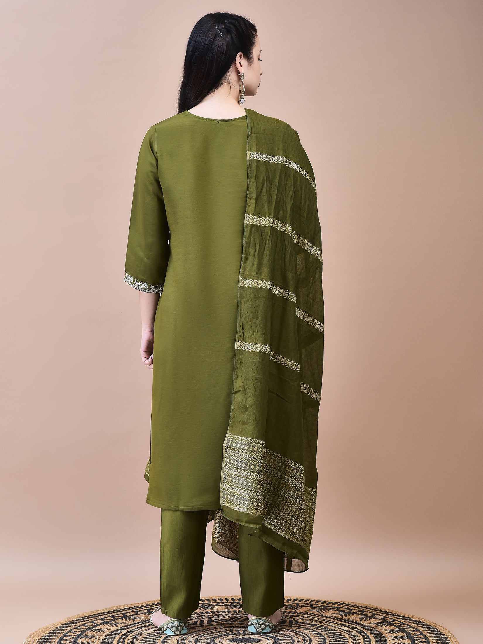 Women Chanderi Olive Embroidered Kurta Trouser Dupatta