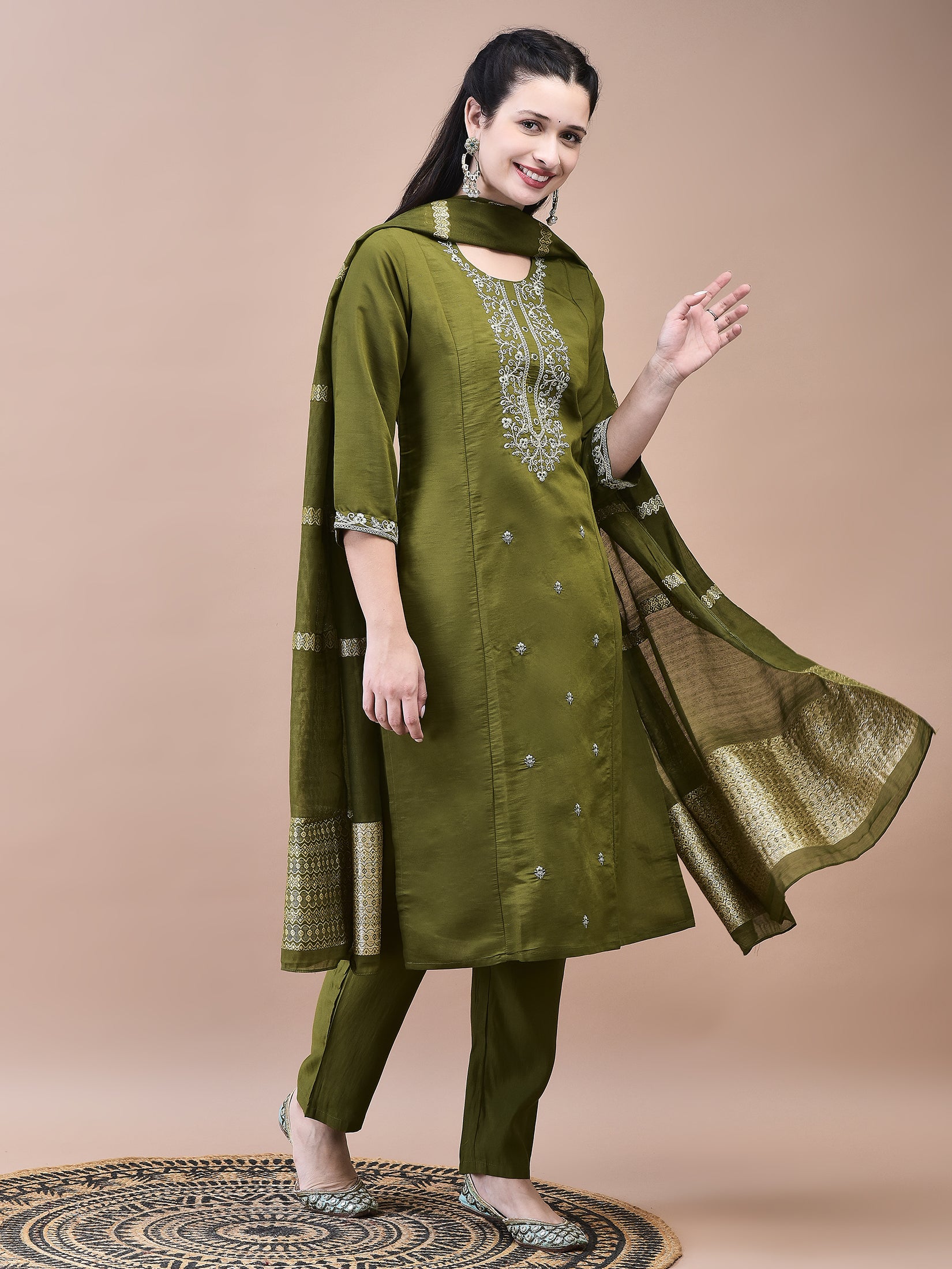 Women Chanderi Olive Embroidered Kurta Trouser Dupatta