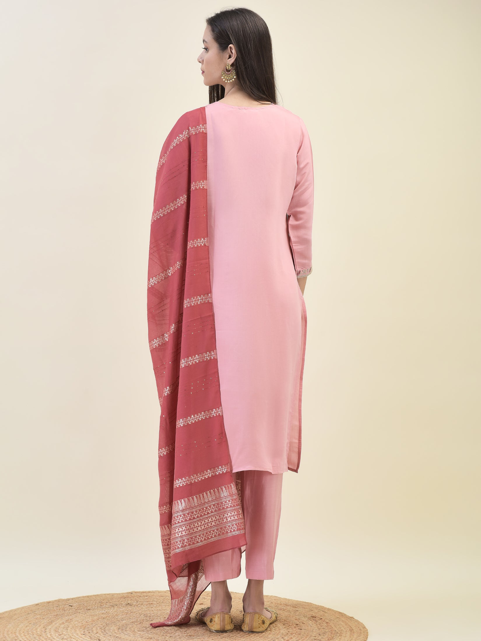 Women Chanderi Pink Embroidered Kurta Comfort Pant Dupatta