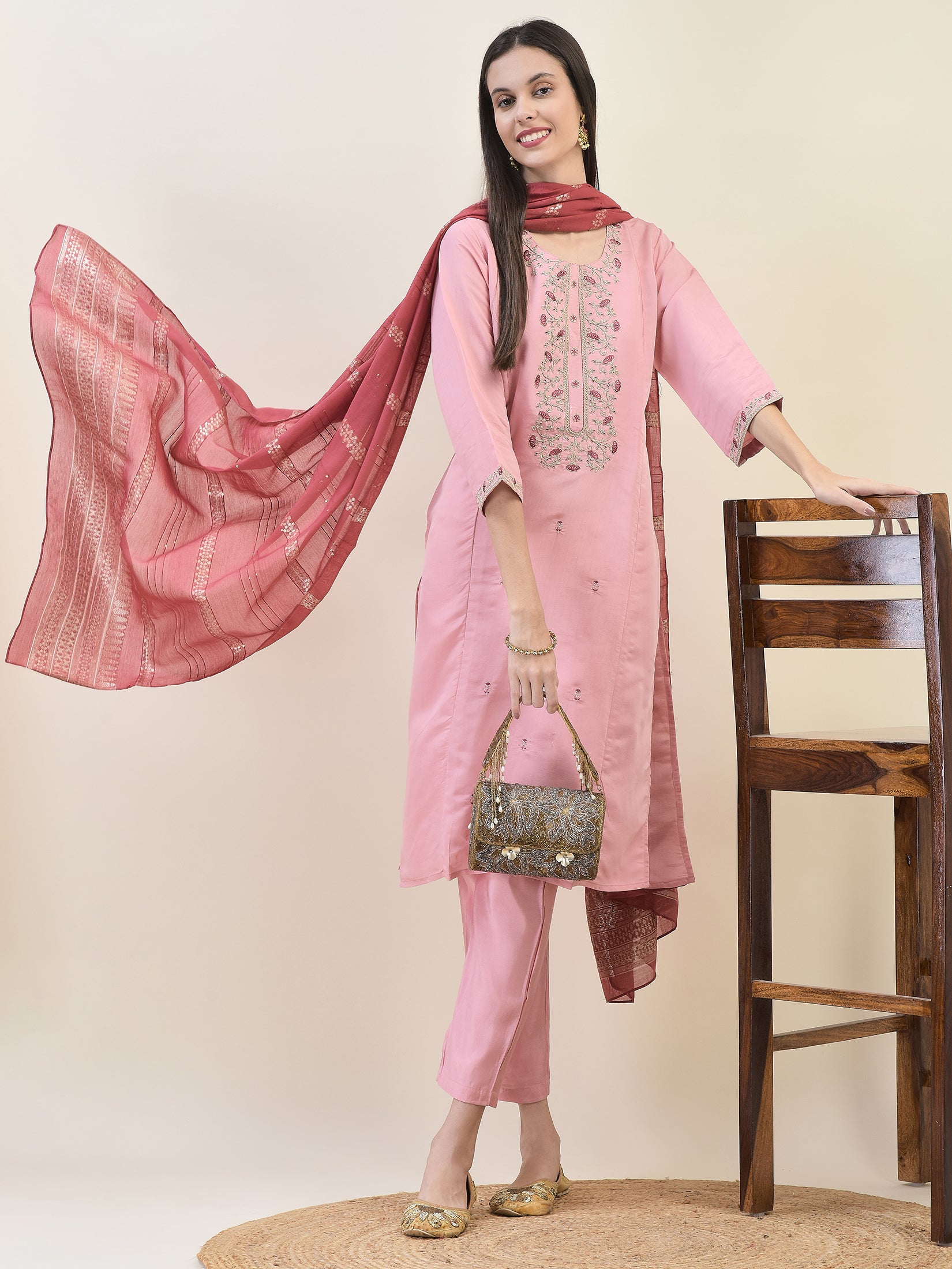 Women Chanderi Pink Embroidered Kurta Comfort Pant Dupatta