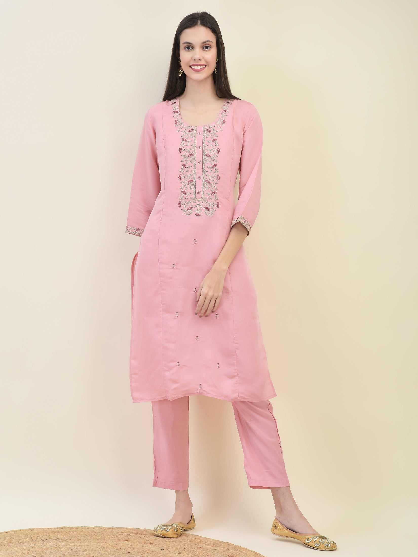 Women Chanderi Pink Embroidered Kurta Comfort Pant Dupatta