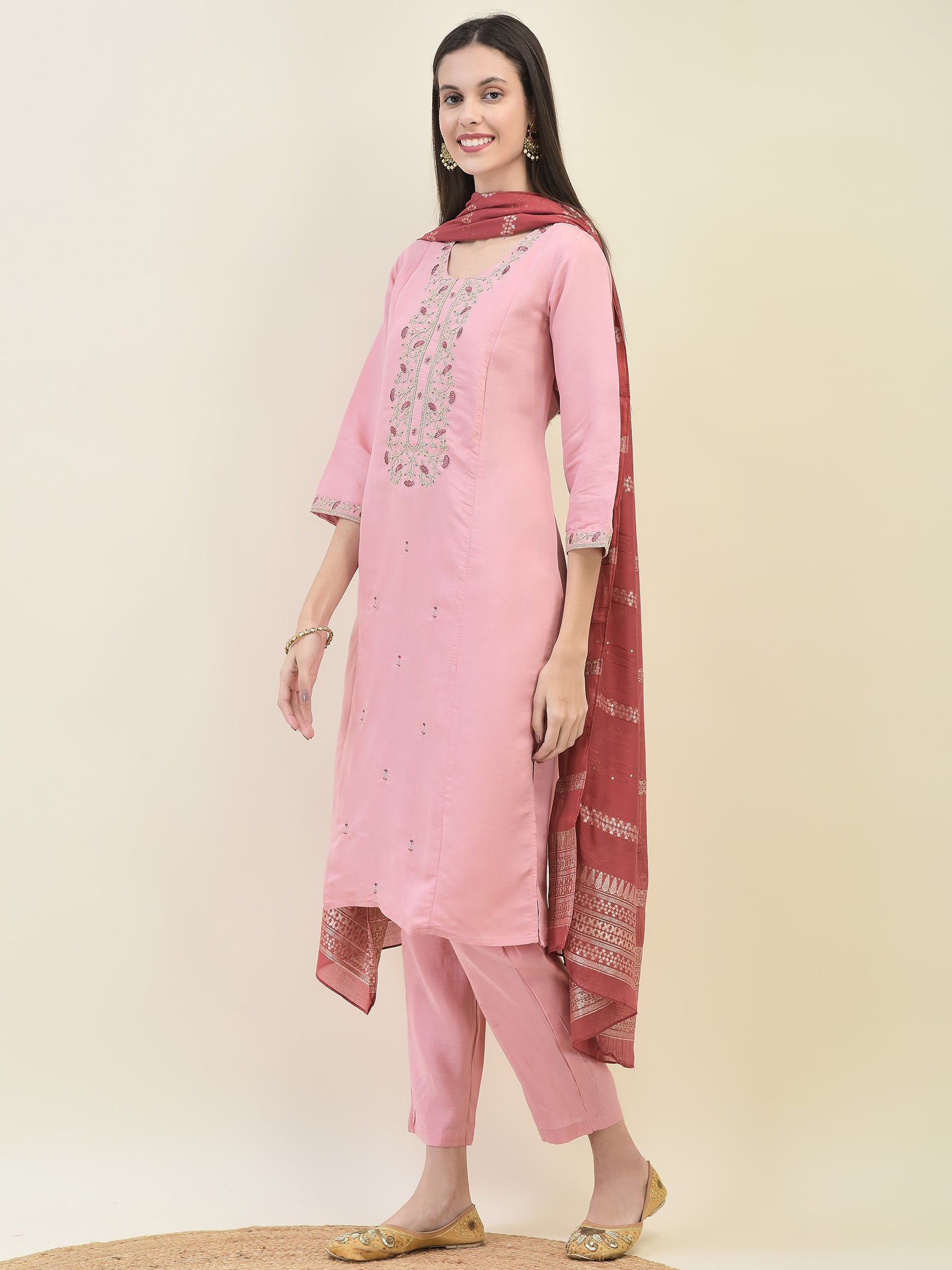 Women Chanderi Pink Embroidered Kurta Comfort Pant Dupatta