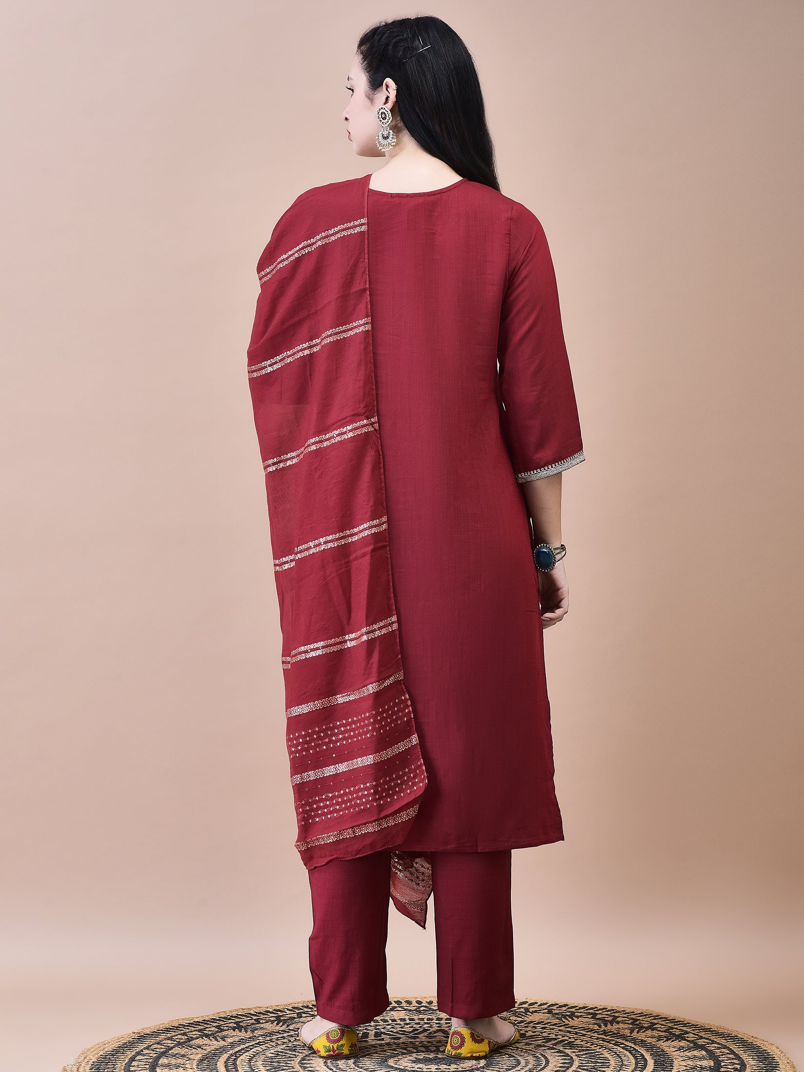 Women Poly Viscose Maroon Embroidered Kurta Comfort Pant Chanderi Dupatta