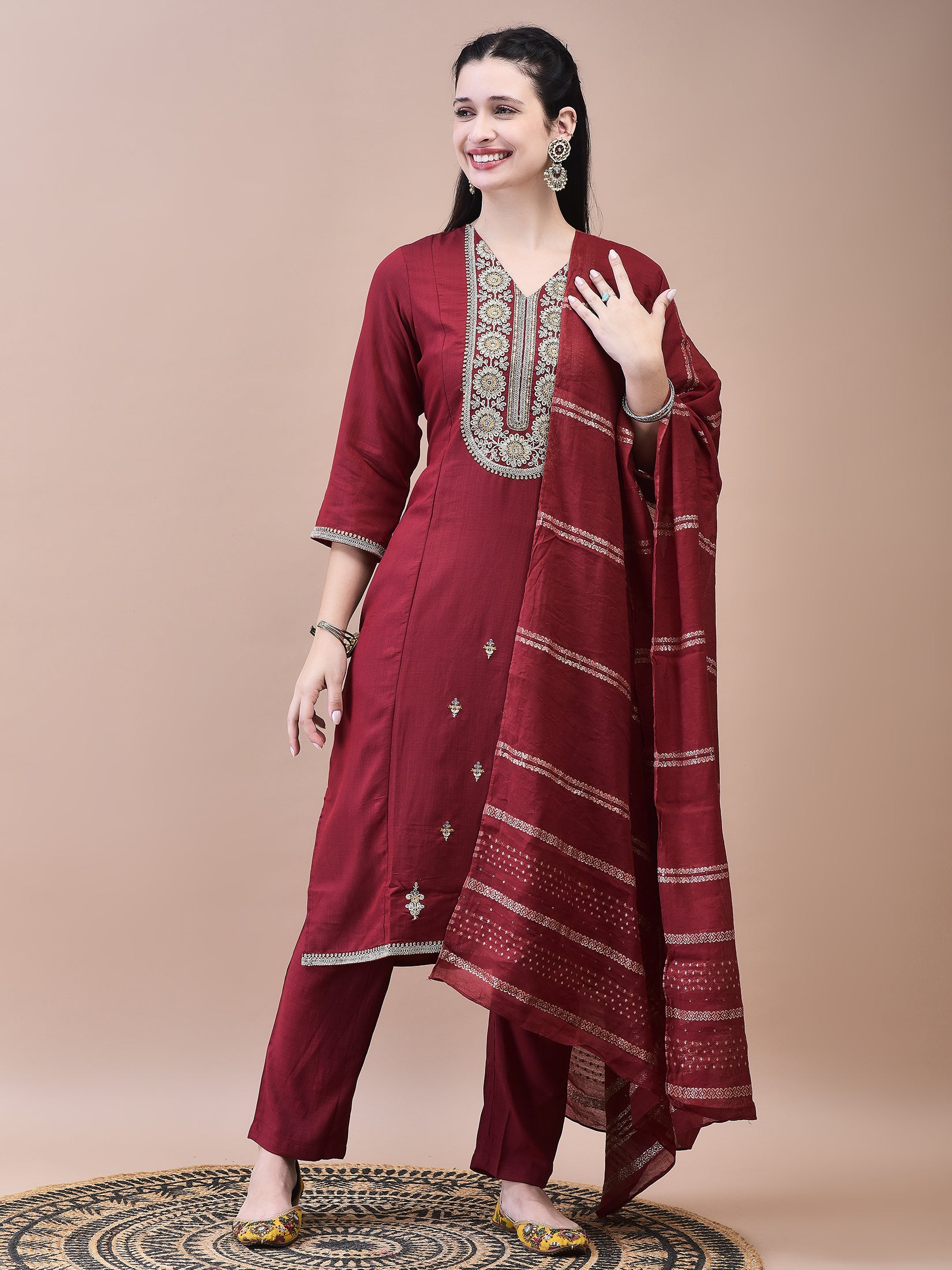 Women Poly Viscose Maroon Embroidered Kurta Comfort Pant Chanderi Dupatta