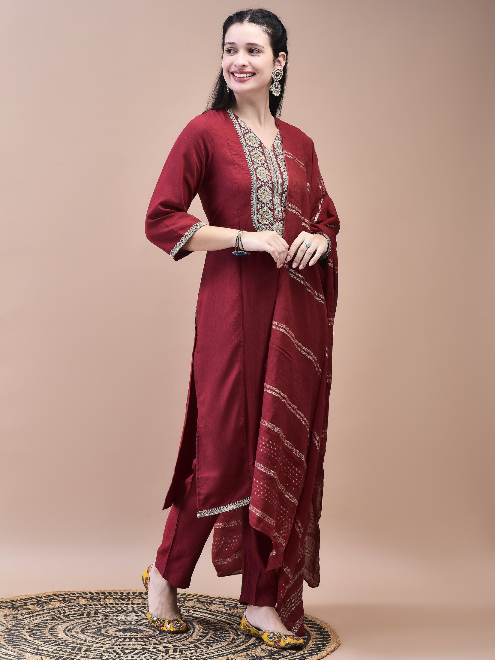 Women Poly Viscose Maroon Embroidered Kurta Comfort Pant Chanderi Dupatta