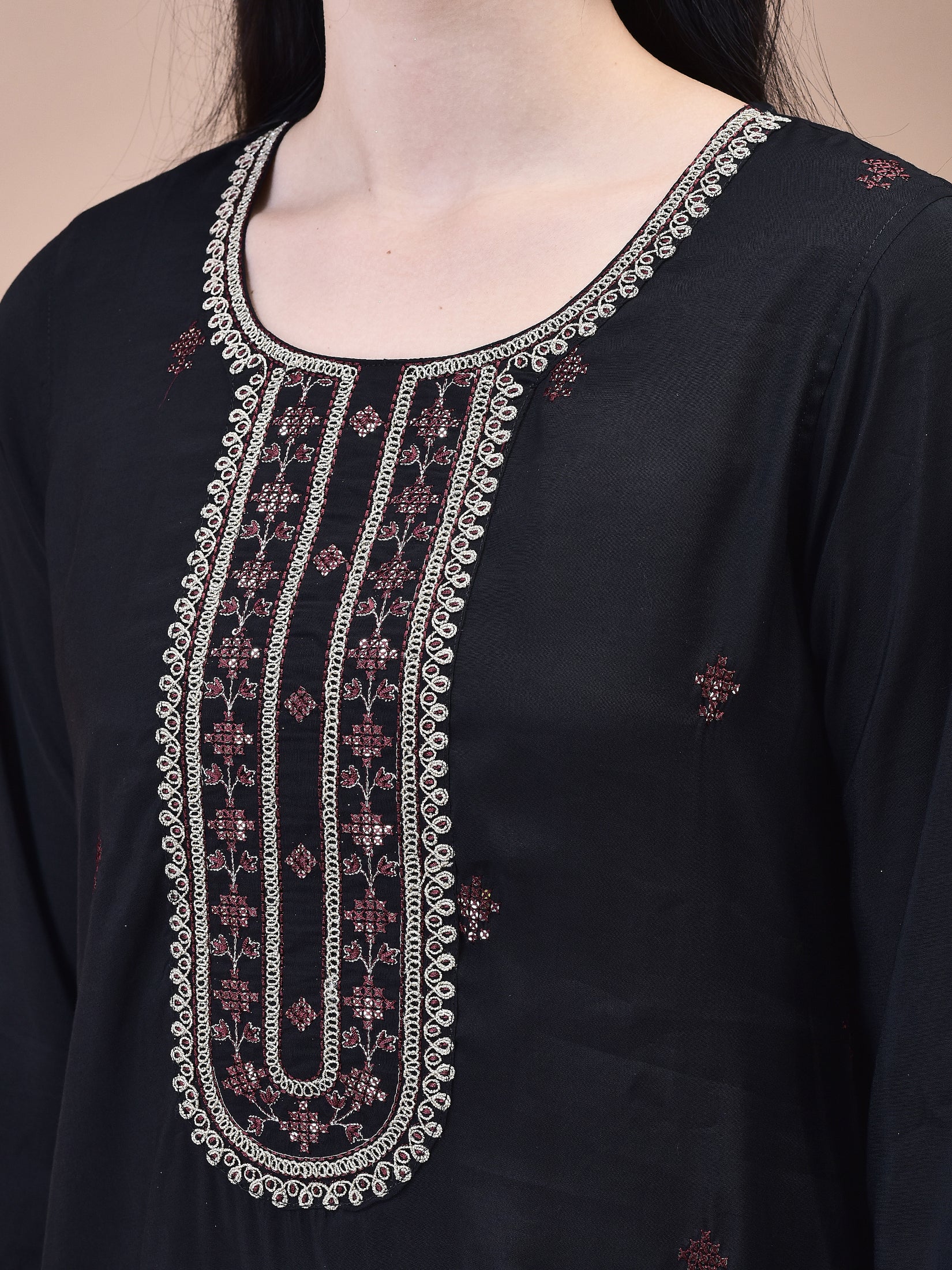 Women Chanderi Black Crop top Embroidered Kurta Comfort Pant Jacquard Dupatta