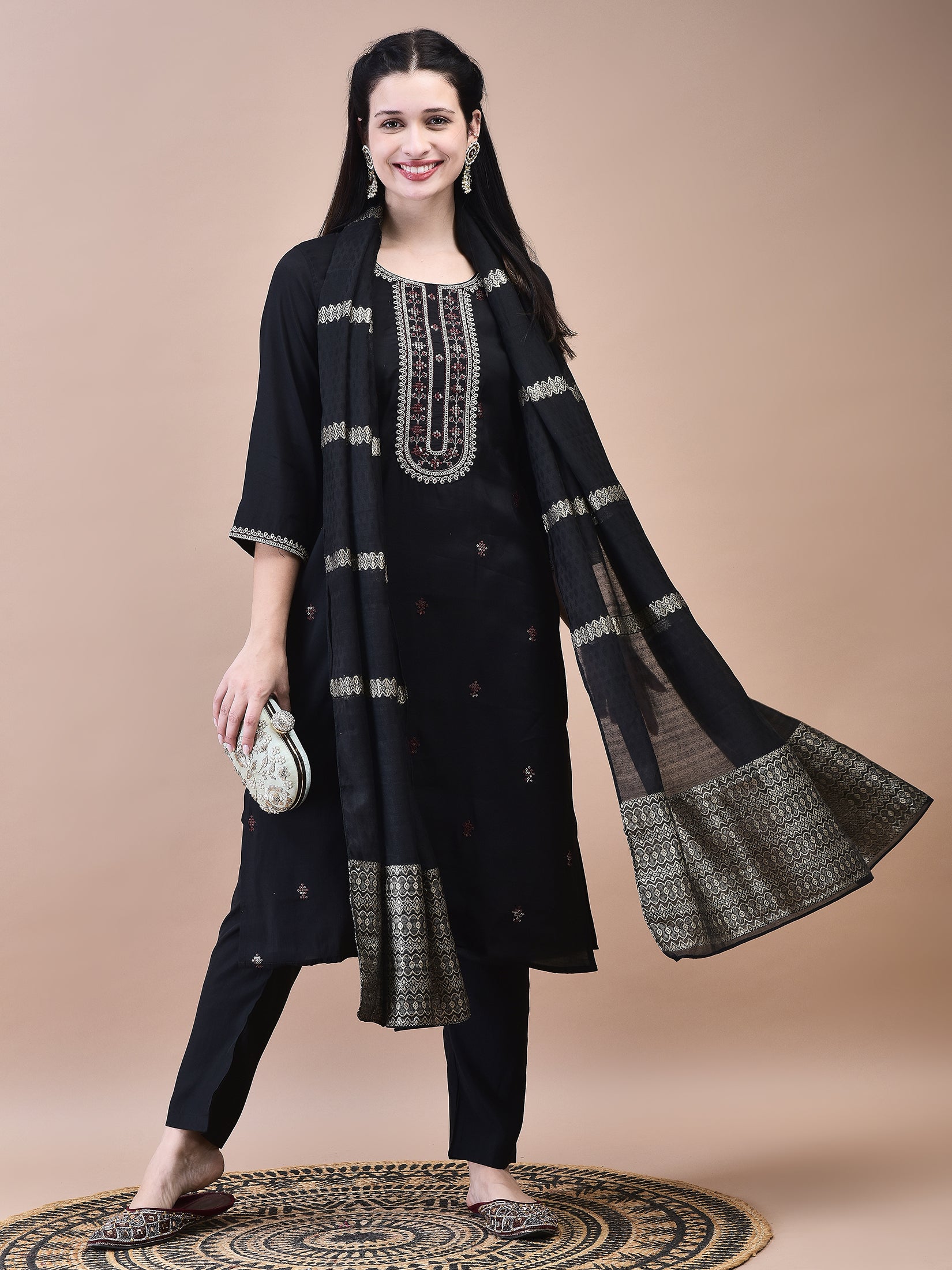 Women Chanderi Black Crop top Embroidered Kurta Comfort Pant Jacquard Dupatta