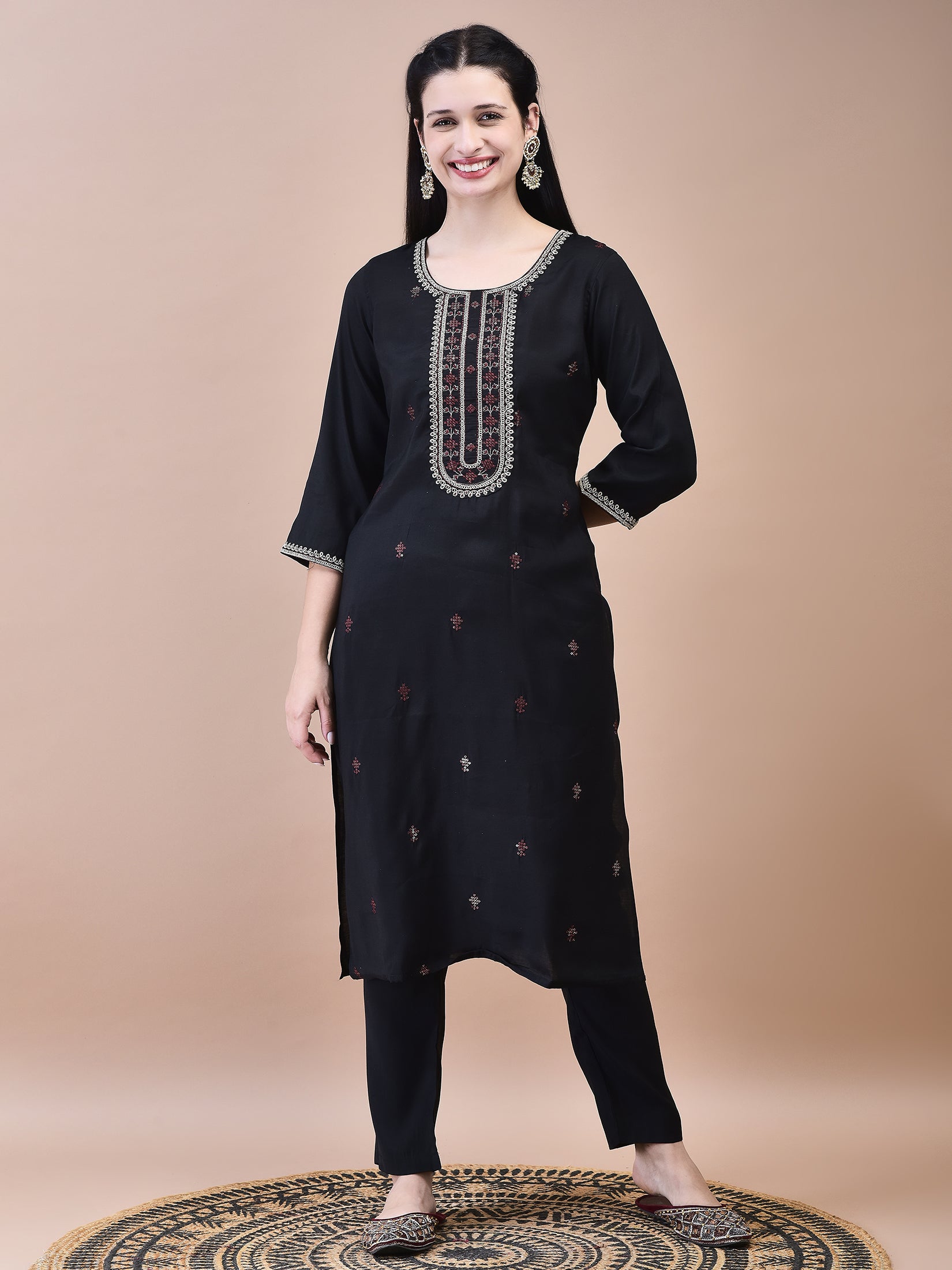 Women Chanderi Black Crop top Embroidered Kurta Comfort Pant Jacquard Dupatta